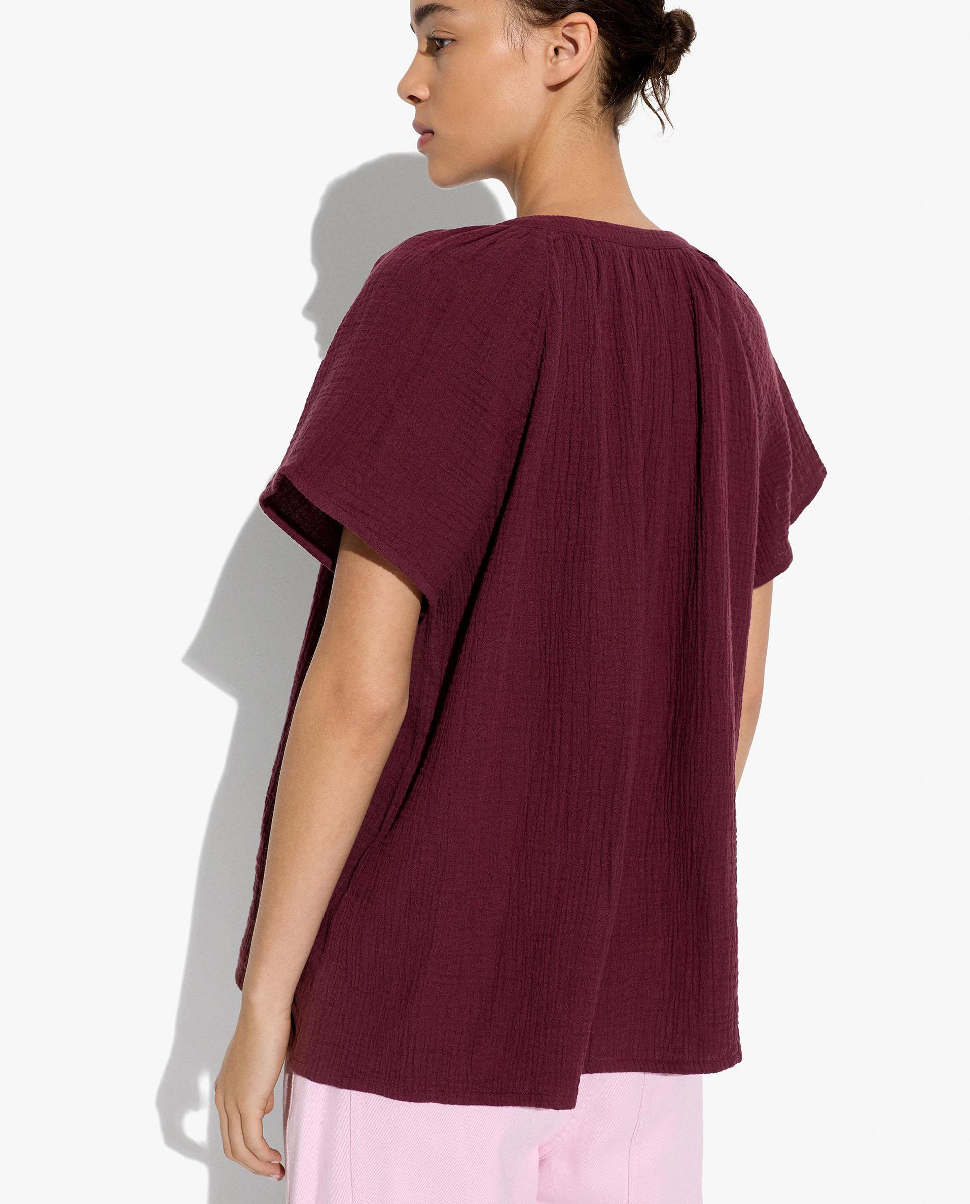 Blusa de mujer 100% algodón de manga corta con cuello pico - Parfois - Burdeos Burdeos-4