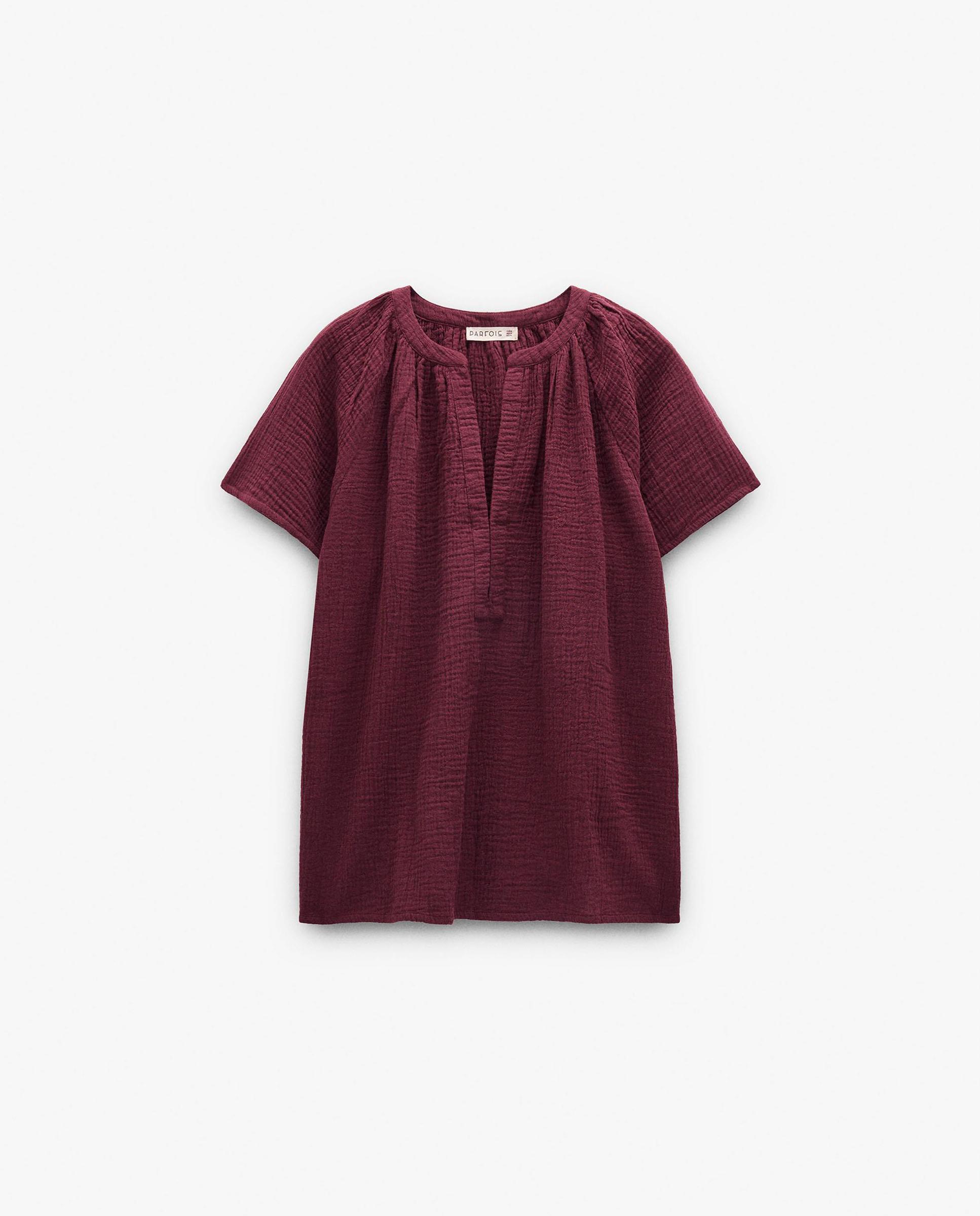 Blusa de mujer 100% algodón de manga corta con cuello pico - Parfois - Burdeos Burdeos-7