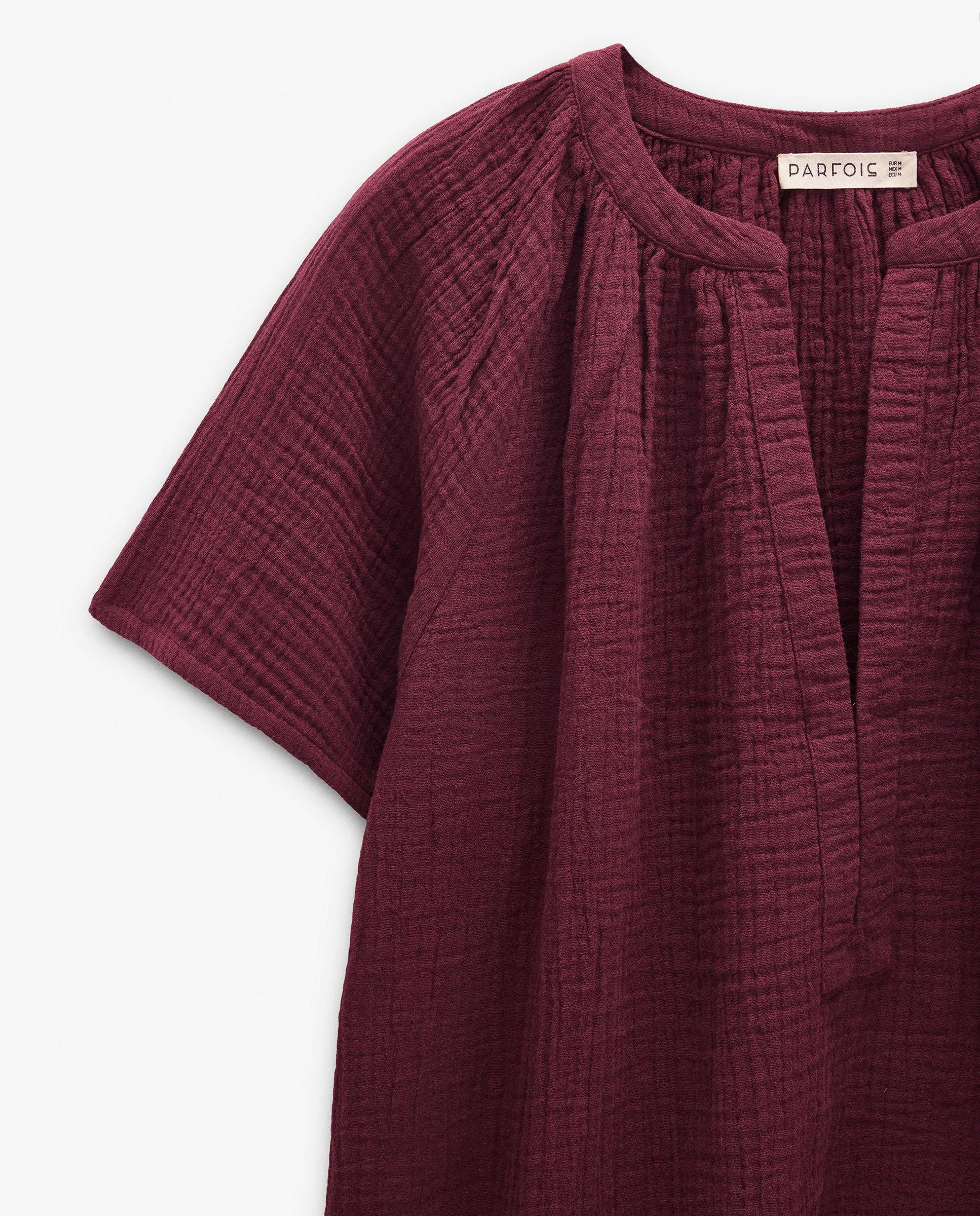 Blusa de mujer 100% algodón de manga corta con cuello pico - Parfois - Burdeos Burdeos-8