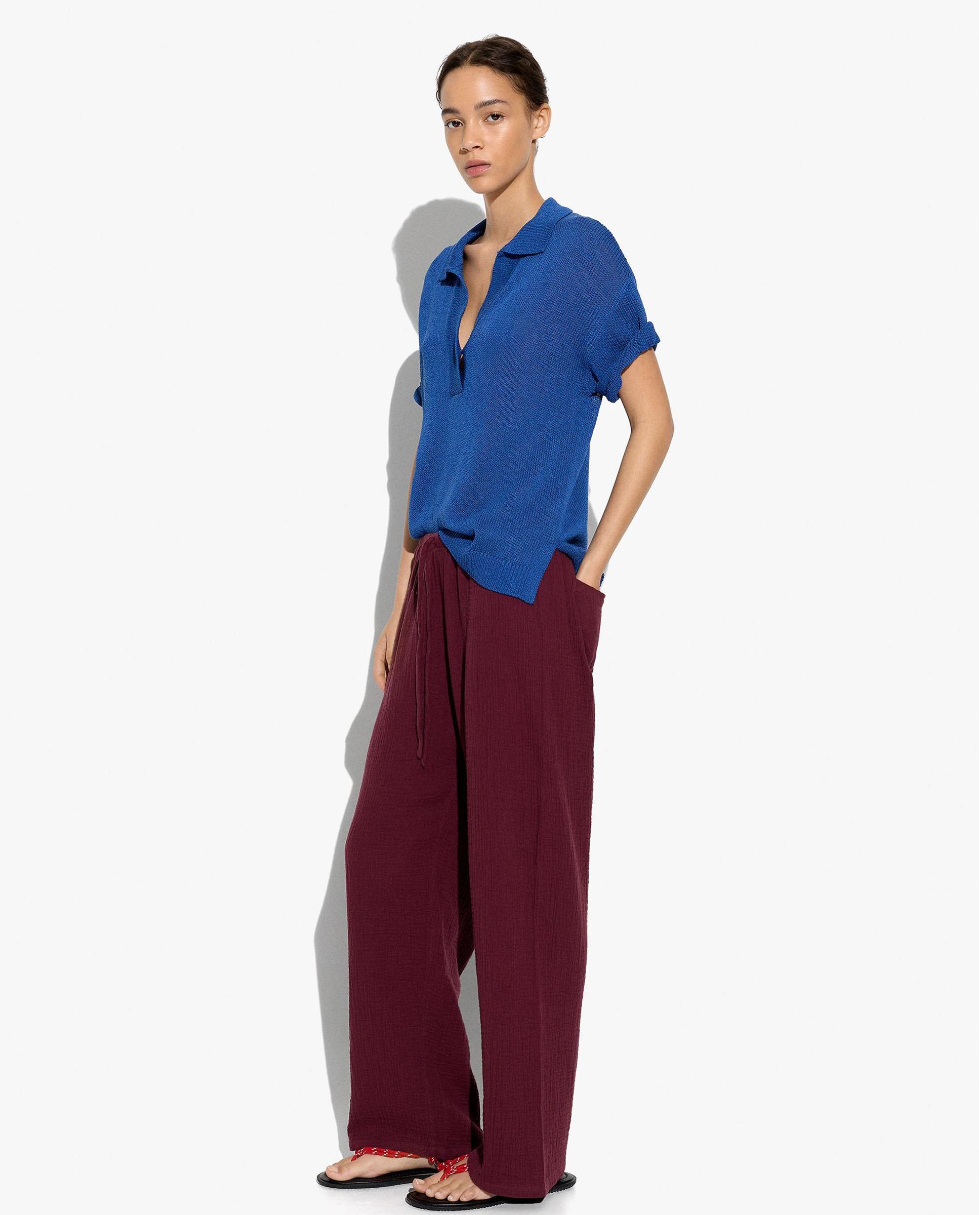 Pantalones anchos de mujer 100% algodón con cordón ajustable en liso - Parfois - Burdeos Burdeos-2