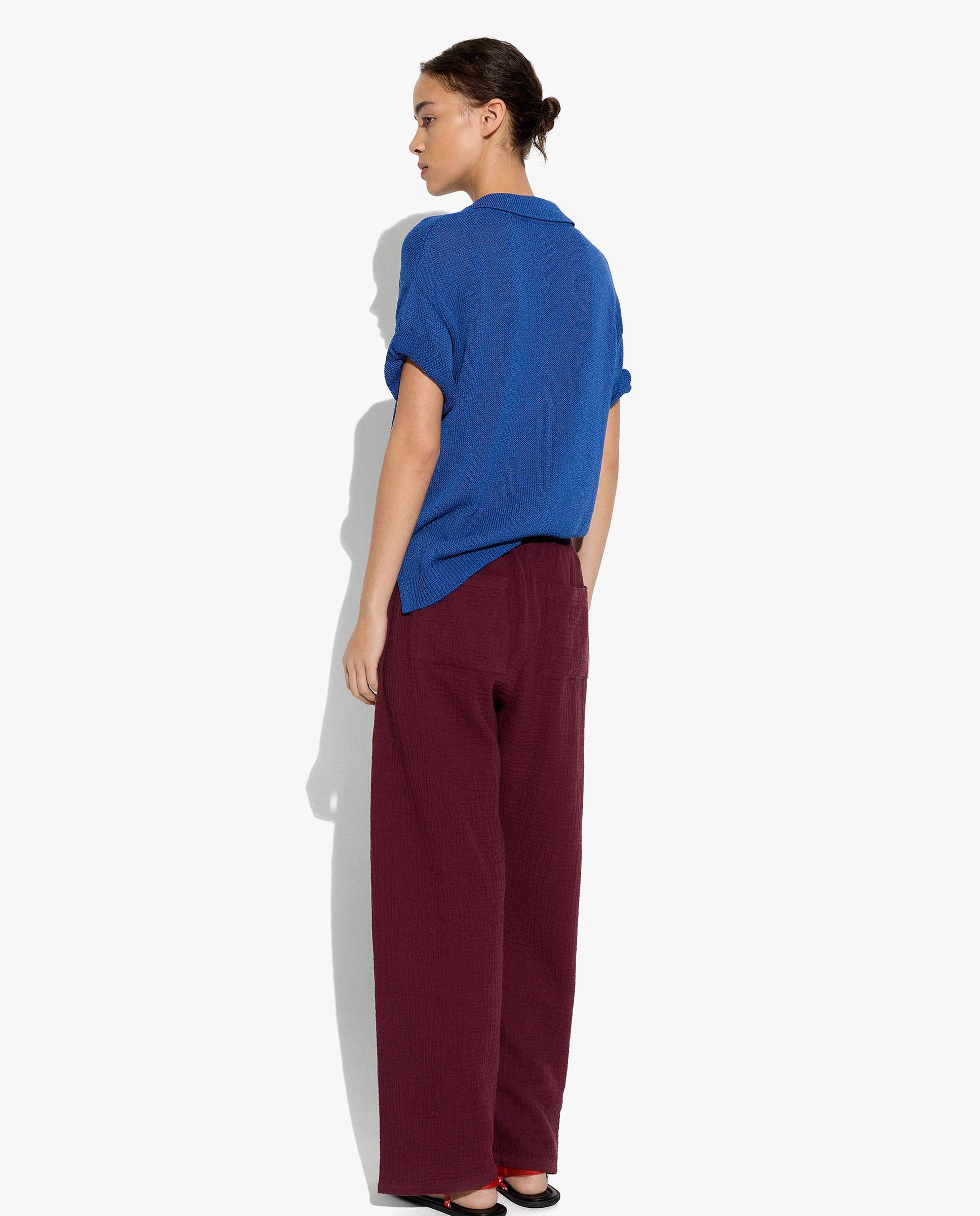 Pantalones anchos de mujer 100% algodón con cordón ajustable en liso - Parfois - Burdeos Burdeos-4