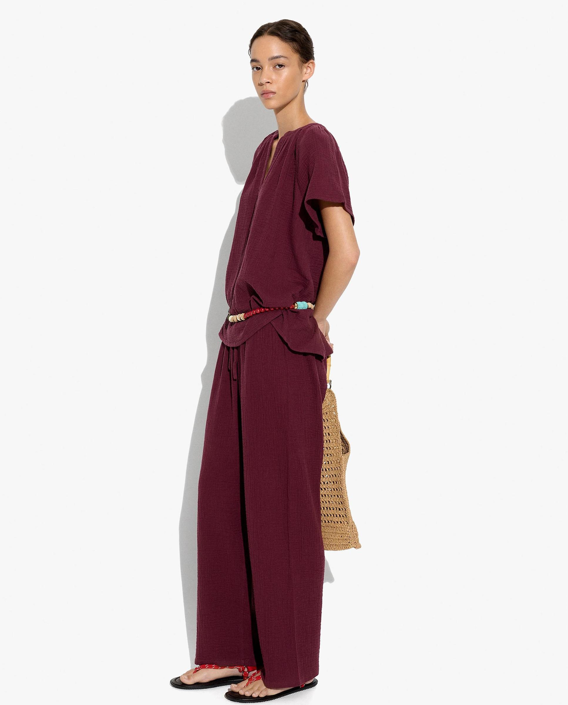 Pantalones anchos de mujer 100% algodón con cordón ajustable en liso - Parfois - Burdeos Burdeos-5