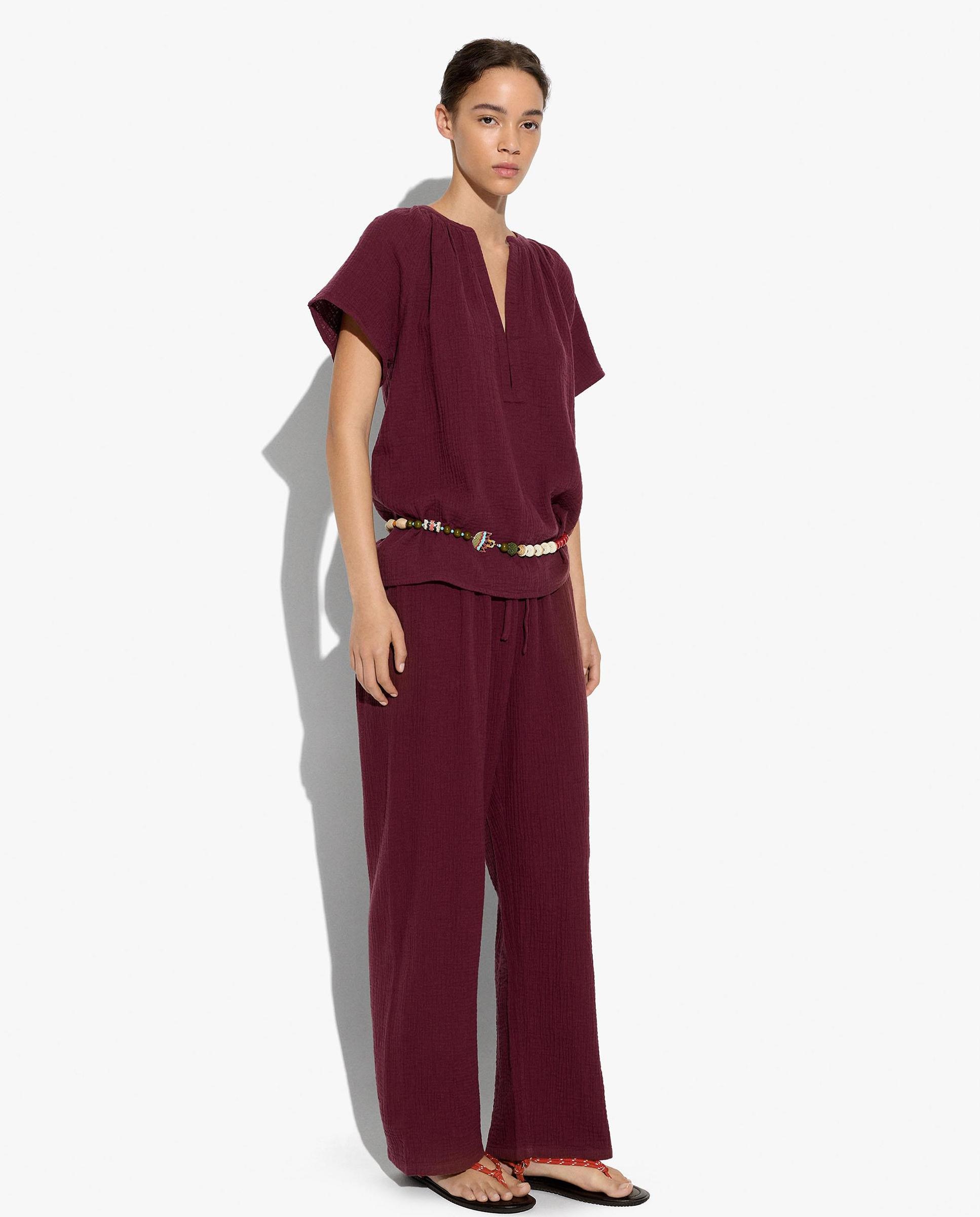 Pantalones anchos de mujer 100% algodón con cordón ajustable en liso - Parfois - Burdeos Burdeos-6