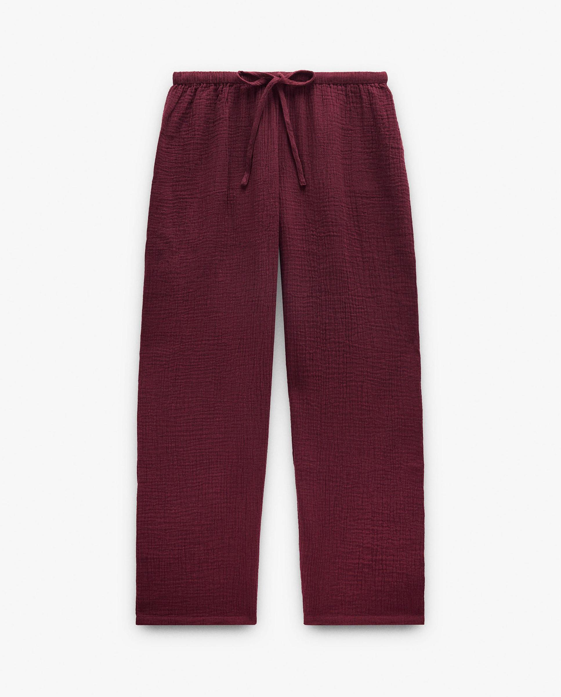 Pantalones anchos de mujer 100% algodón con cordón ajustable en liso - Parfois - Burdeos Burdeos-7