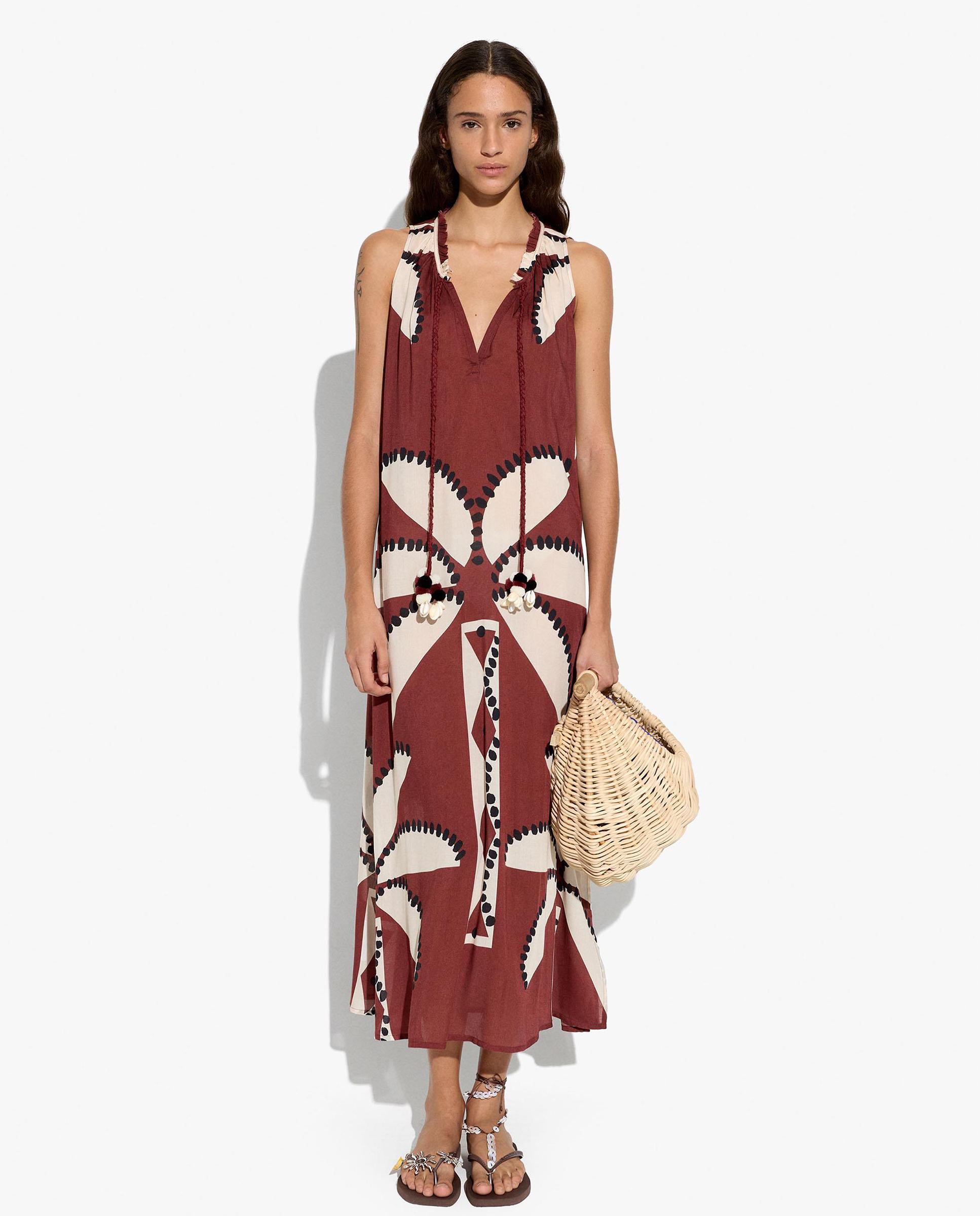 Vestido largo fluido sin mangas con estampado de hojas - Parfois - Burdeos Burdeos-2