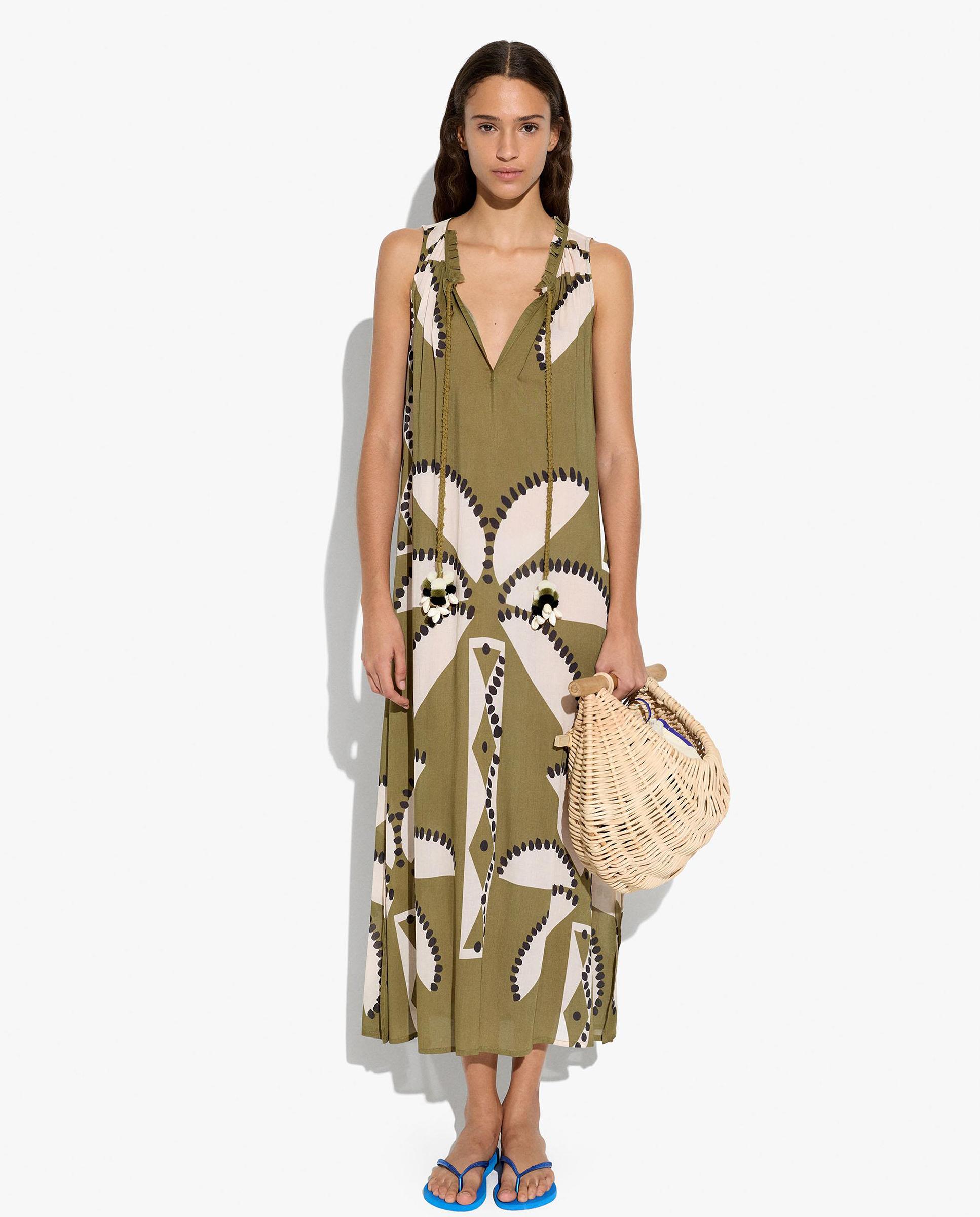 Vestido largo fluido sin mangas con estampado de hojas - Parfois - Kaki Kaki-2