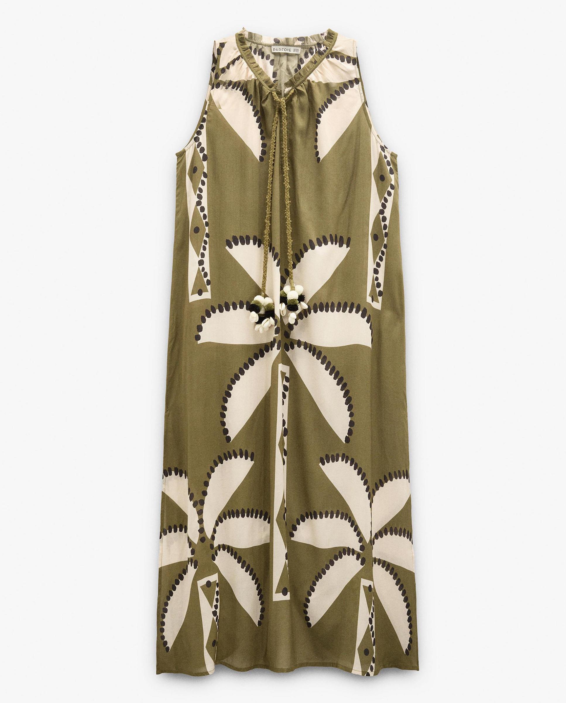 Vestido largo fluido sin mangas con estampado de hojas - Parfois - Kaki Kaki-5