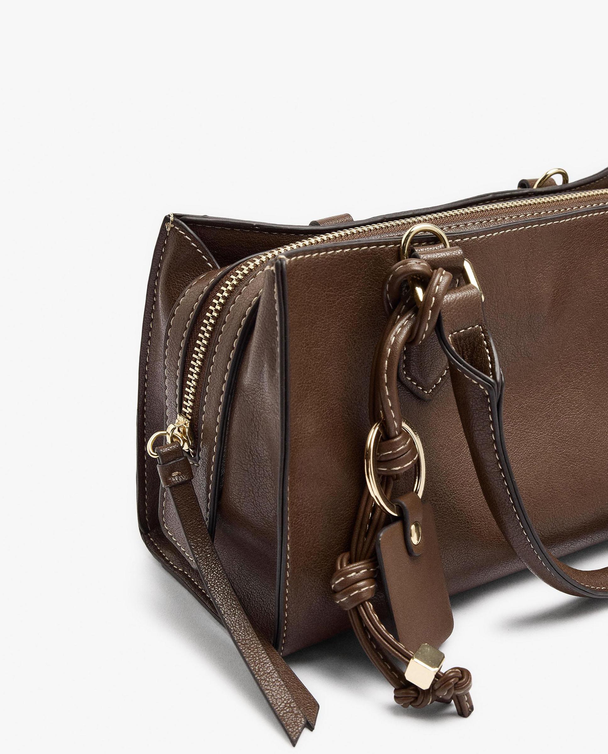 Bolso de mano estilo tote convertible a bandolera con cierre de cremallera en liso - Parfois - Marrón oscuro Marrón oscuro-3