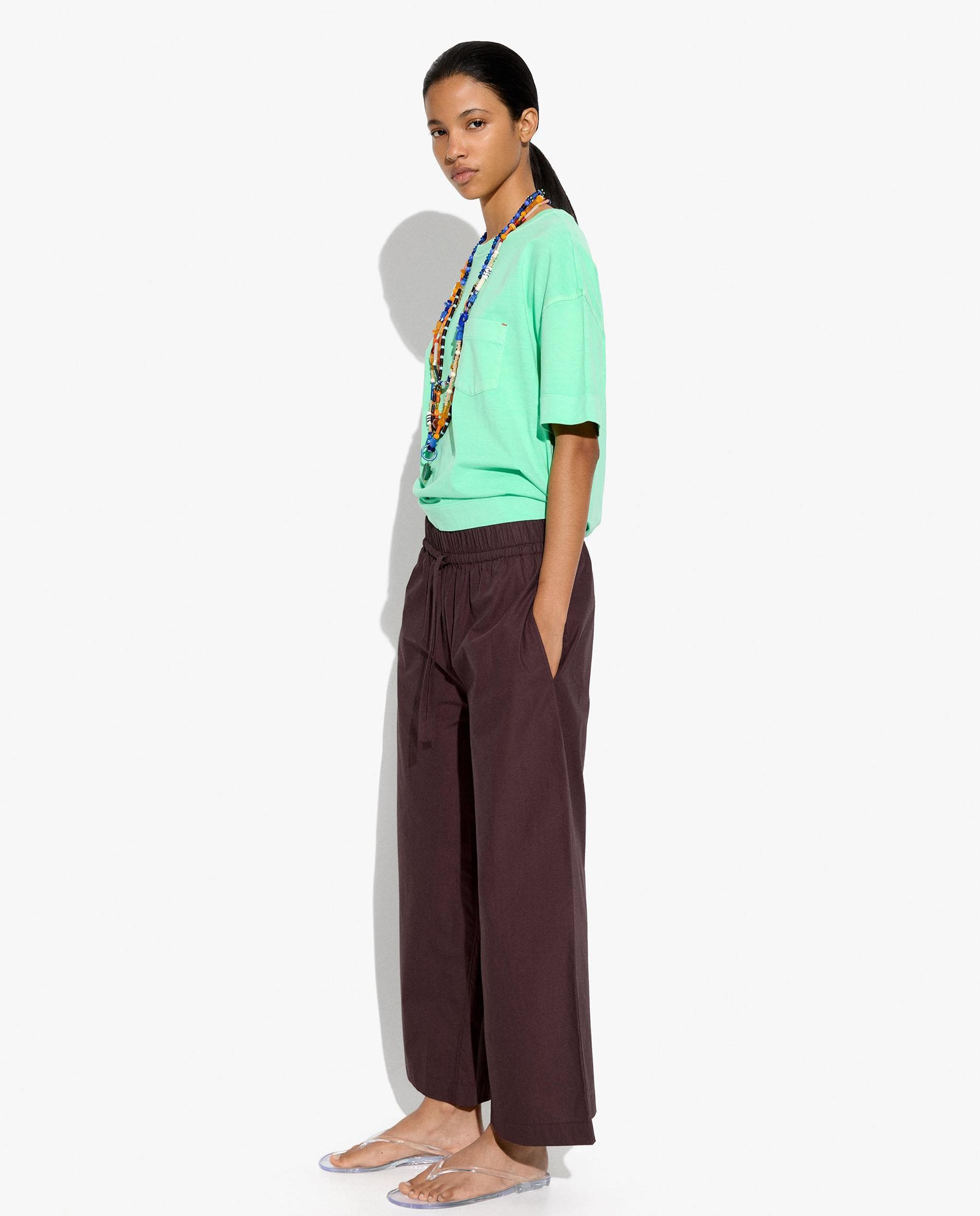 Pantalones rectos de mujer 100% algodón con cordón ajustable en liso - Parfois - Burdeos Burdeos-1