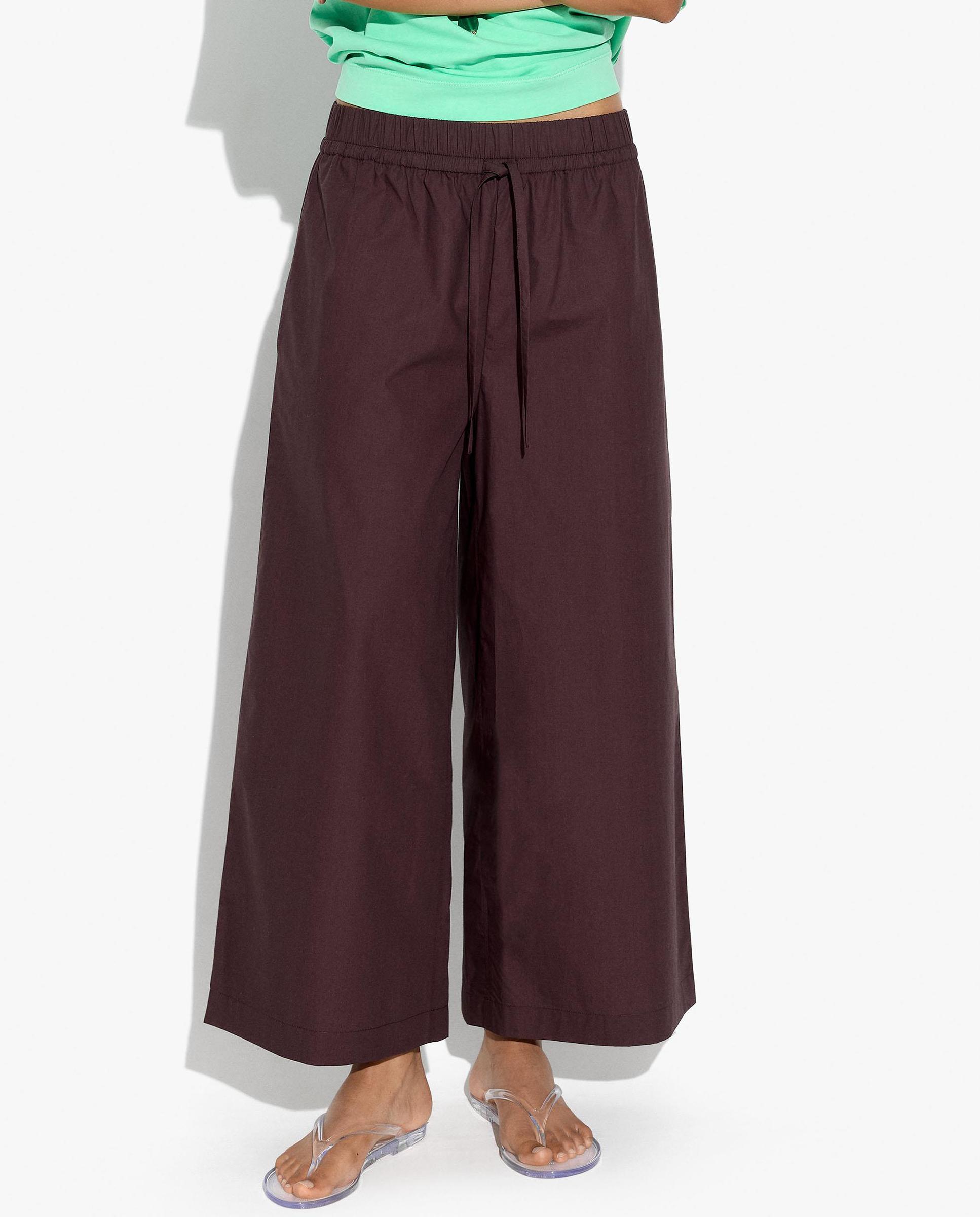 Pantalones rectos de mujer 100% algodón con cordón ajustable en liso - Parfois - Burdeos Burdeos-2