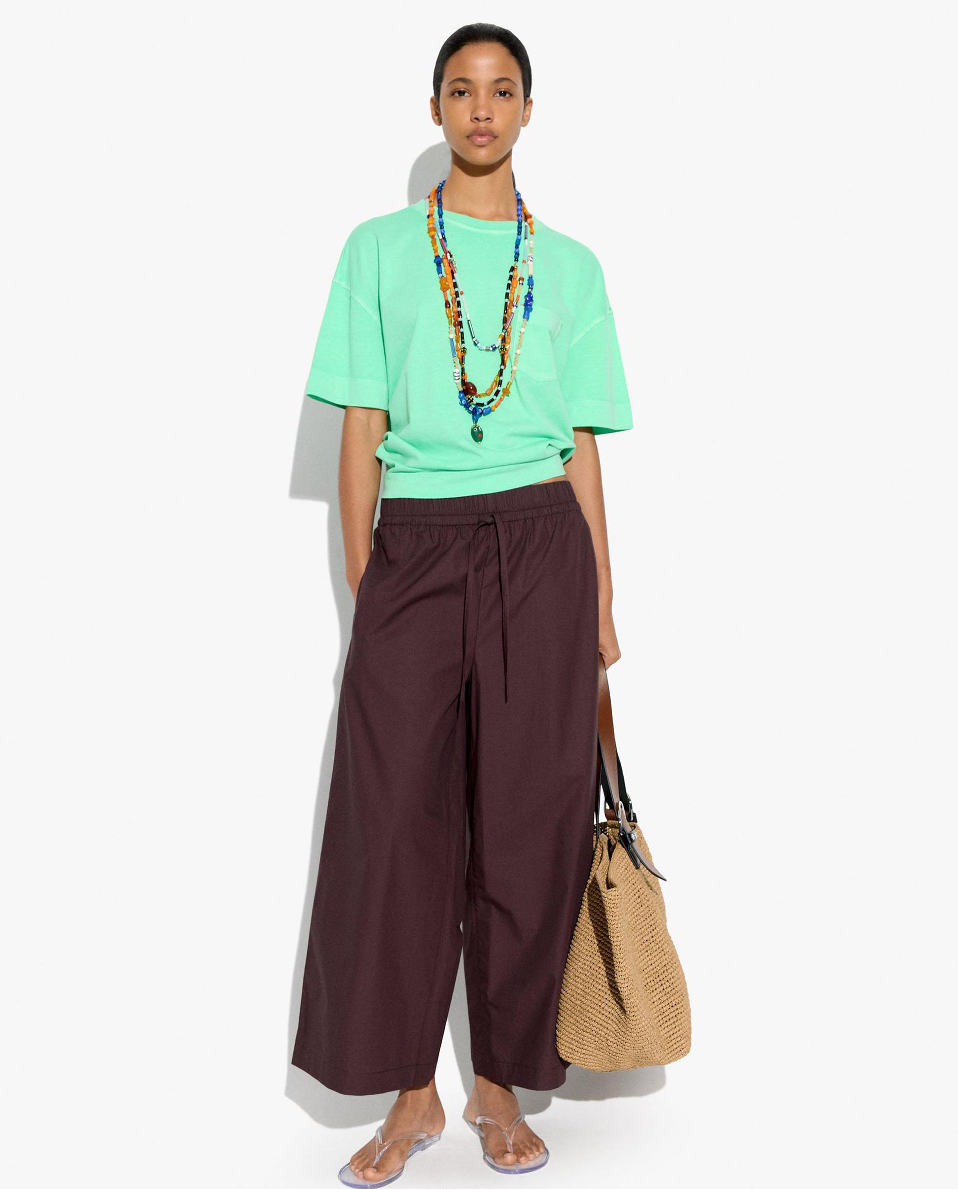 Pantalones rectos de mujer 100% algodón con cordón ajustable en liso - Parfois - Burdeos Burdeos-4