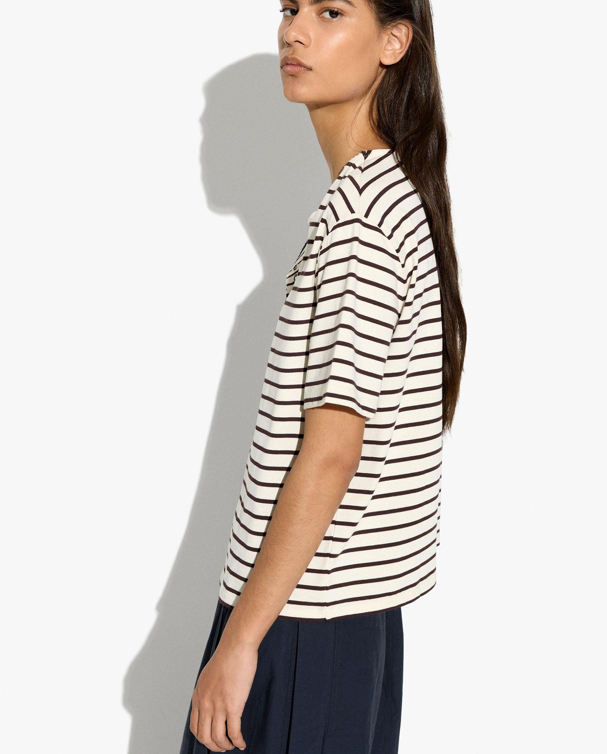 Parfois - Camiseta de mujer 100% algodón de manga corta con estampado de rayas.