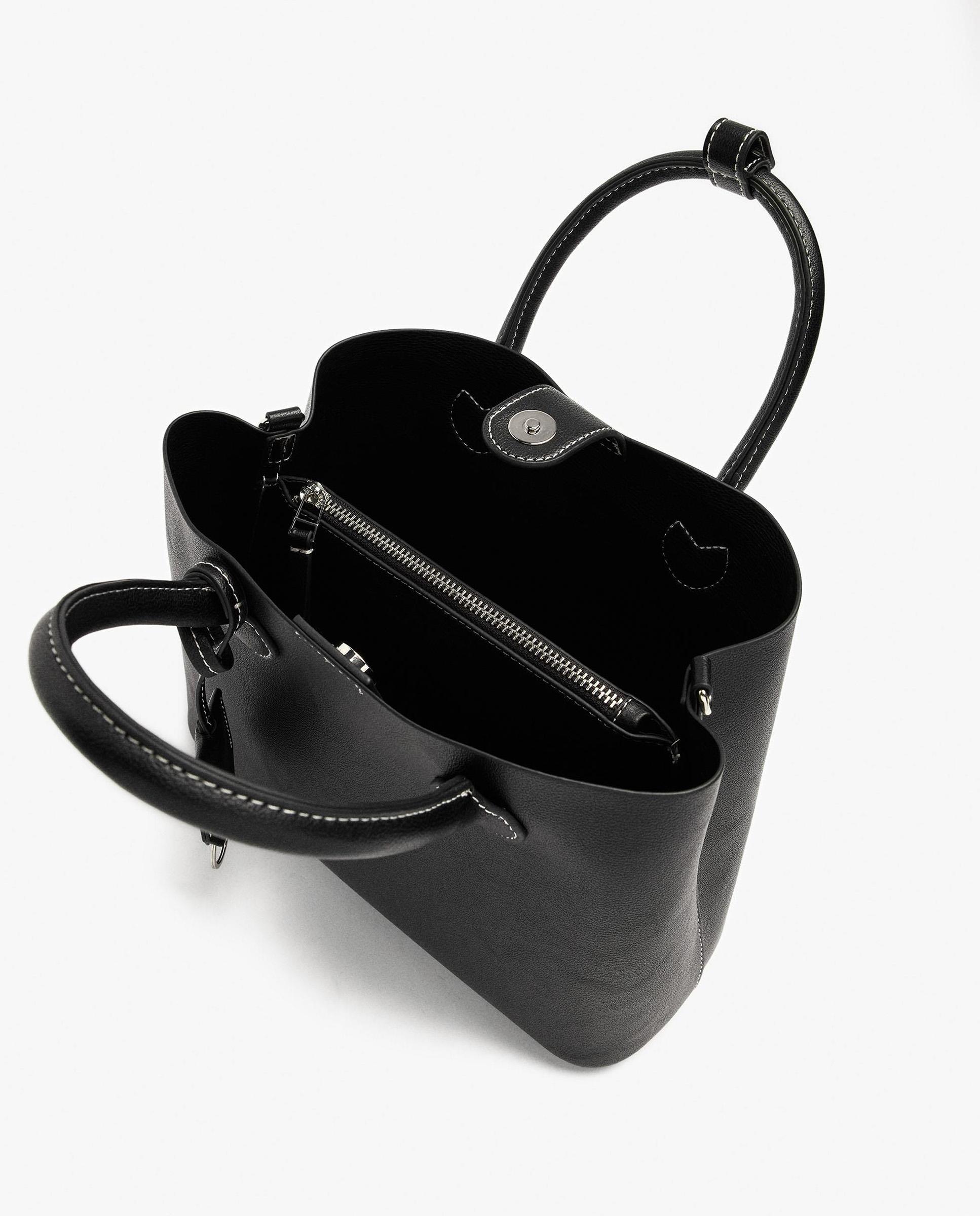 Bolso de mano estilo tote convertible a bandolera con cierre imantado en liso - Parfois - Negro Negro-5