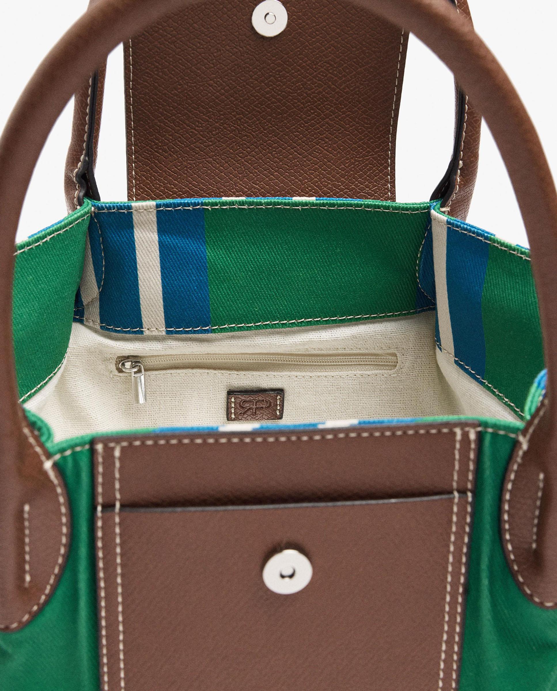 Bolso de mano estilo tote convertible a bandolera con cierre imantado y estampado de rayas - Parfois - Verde Verde-4