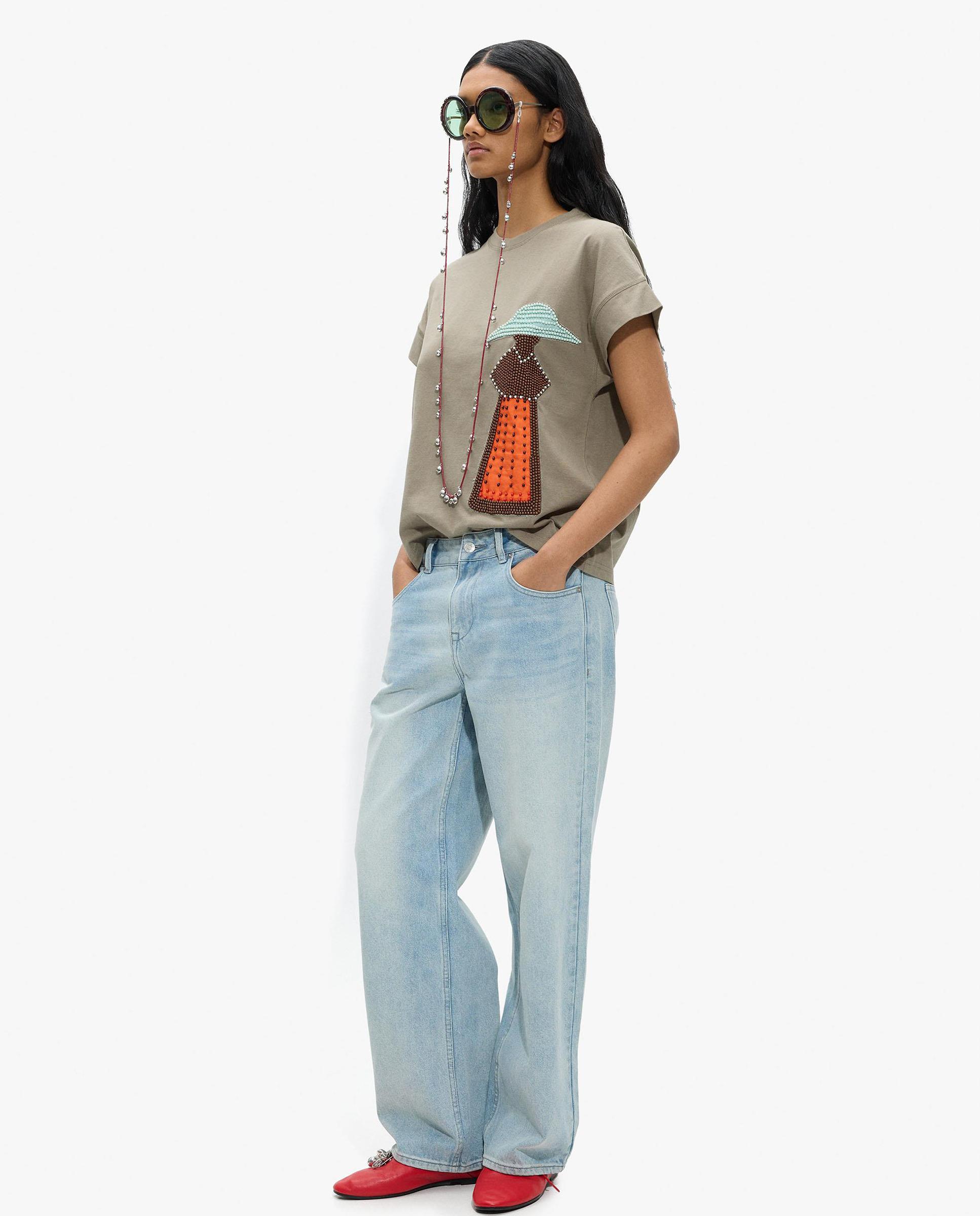 Camiseta de mujer 100% algodón de manga corta - Parfois - Kaki Kaki-2