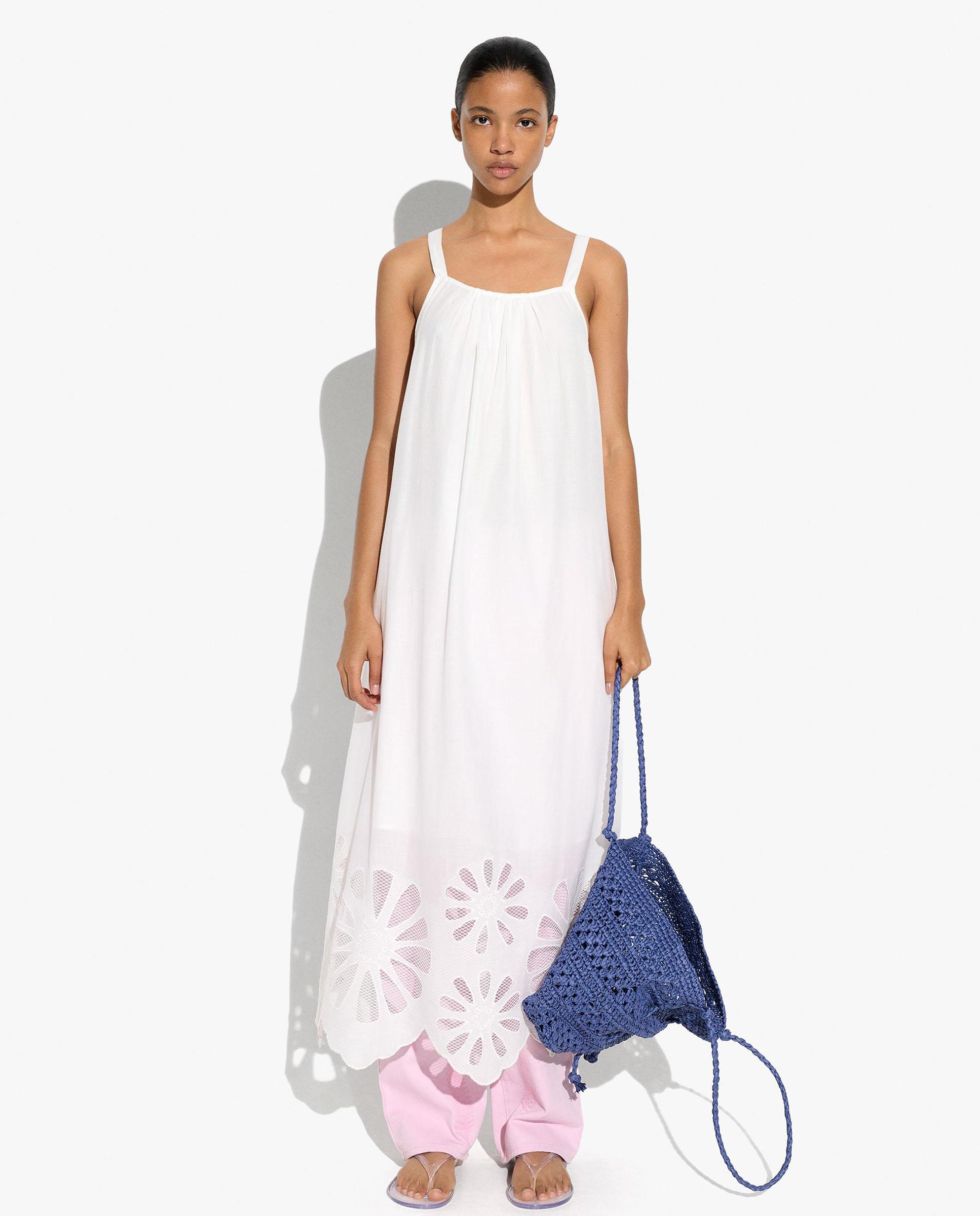 Vestido largo 100% algodón de tirantes con bordados - Parfois - Crudo Crudo-1