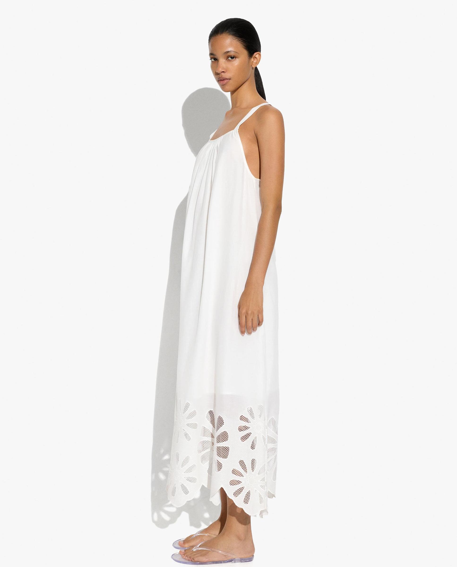 Vestido largo 100% algodón de tirantes con bordados - Parfois - Crudo Crudo-2