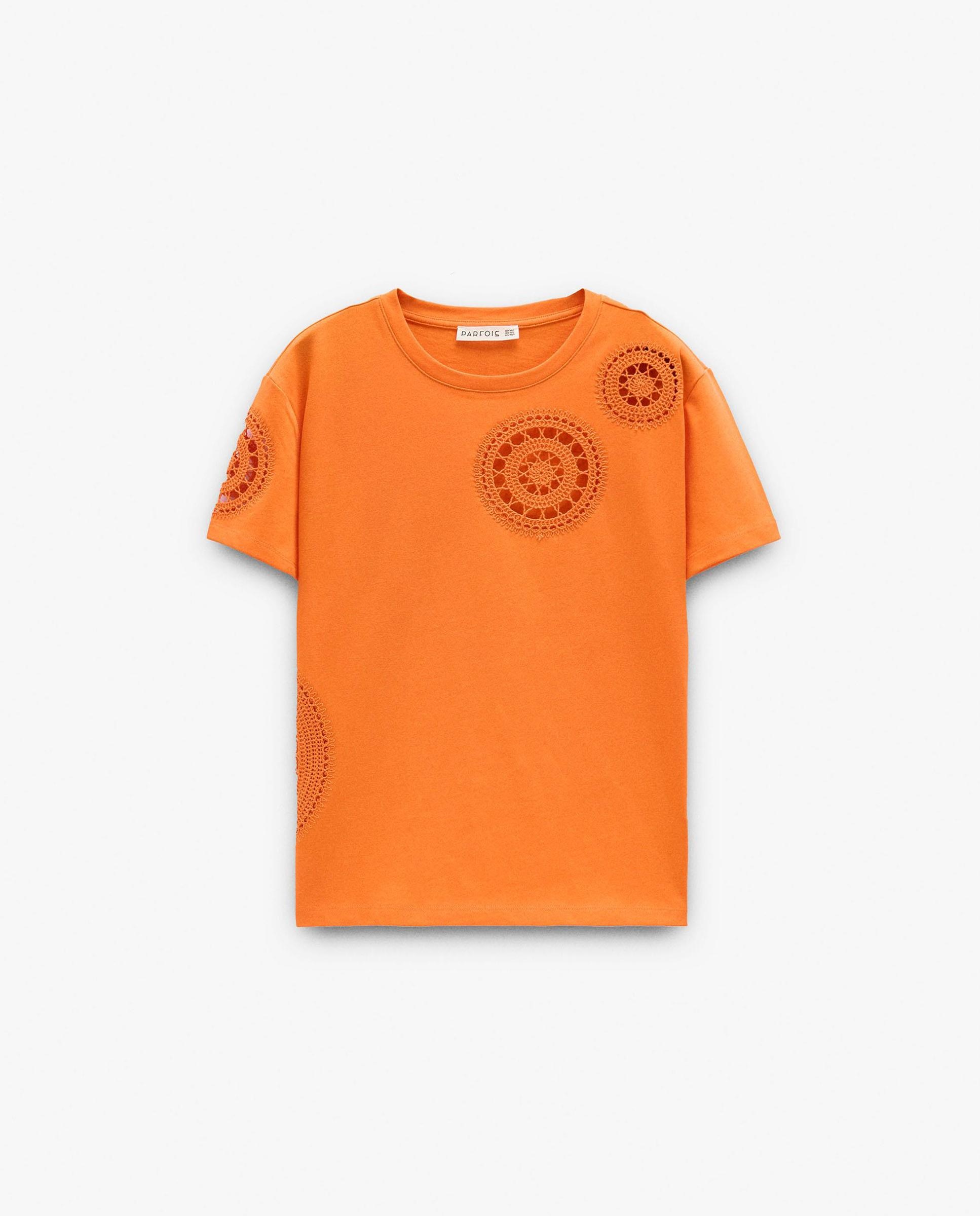 Camiseta de mujer 100% algodón de manga corta con bordados - Parfois - Naranja Naranja-6