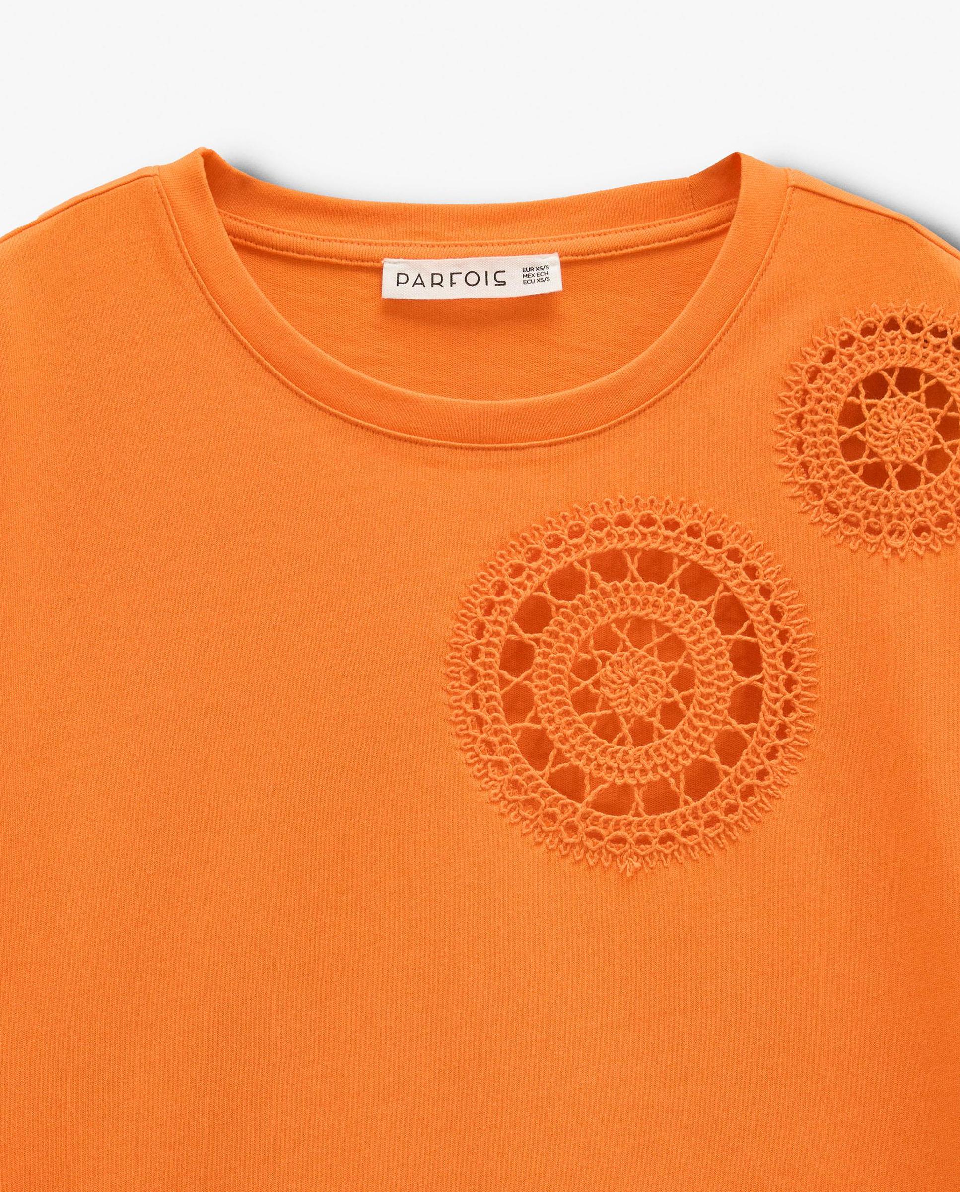 Camiseta de mujer 100% algodón de manga corta con bordados - Parfois - Naranja Naranja-5