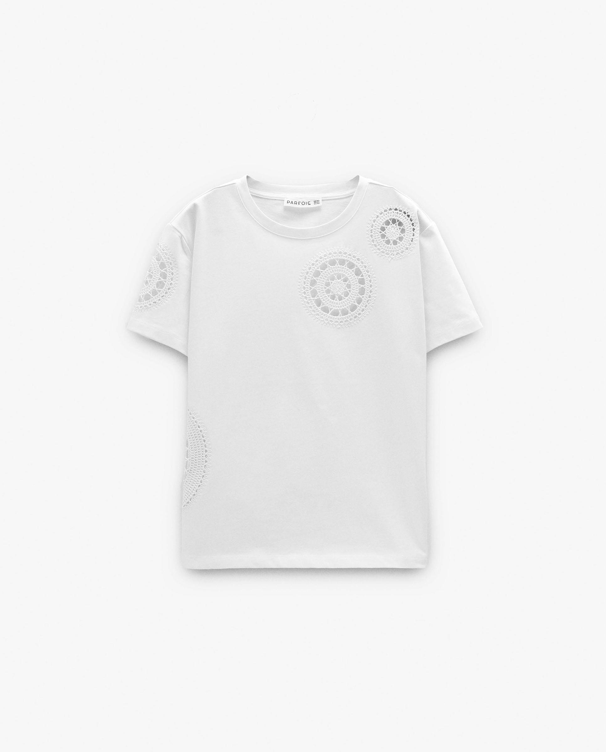 Camiseta de mujer 100% algodón de manga corta con bordados - Parfois - Blanco Blanco-6