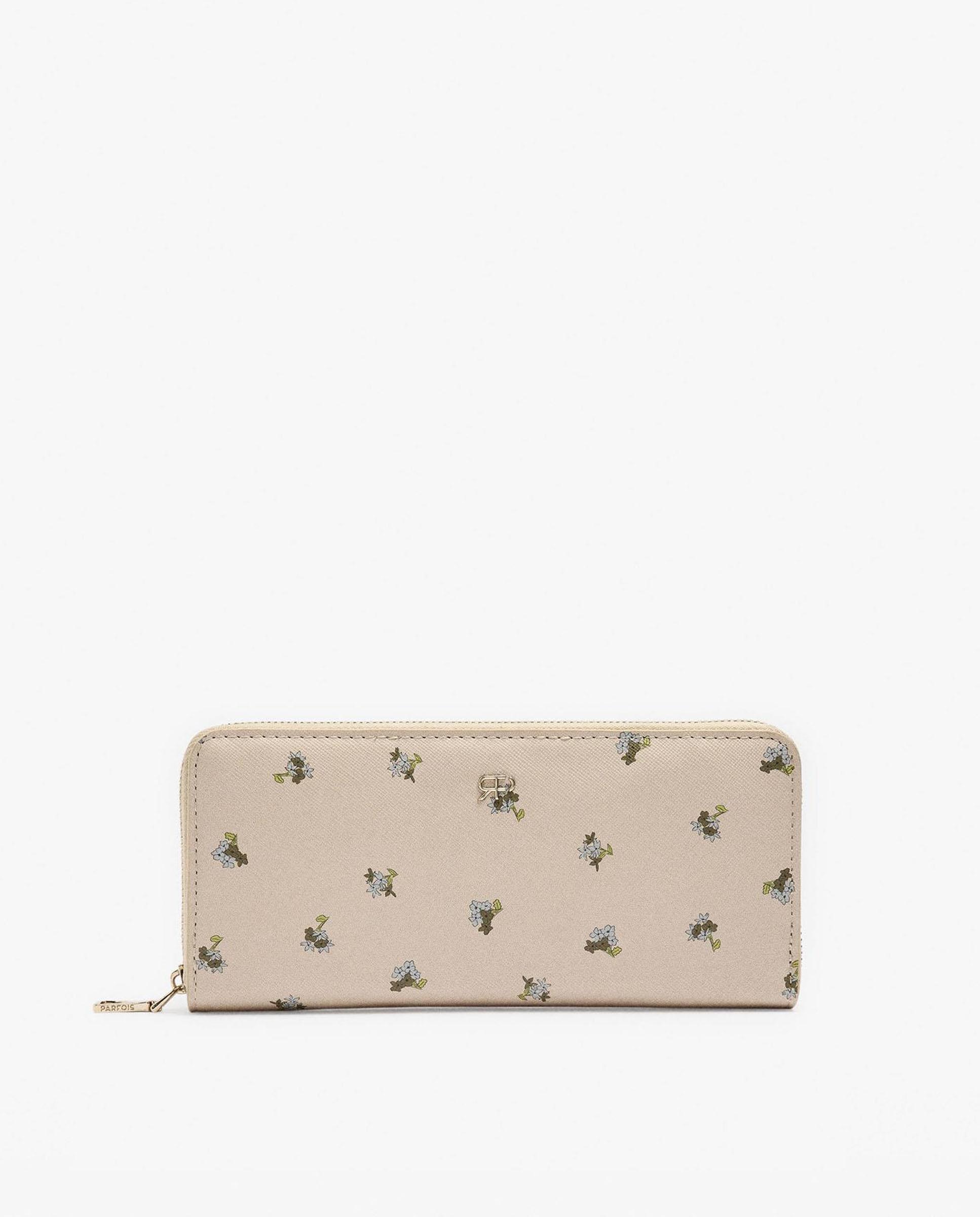 Cartera de mujer grande con cierre de cremallera y estampado floral - Parfois - Beige Beige-1