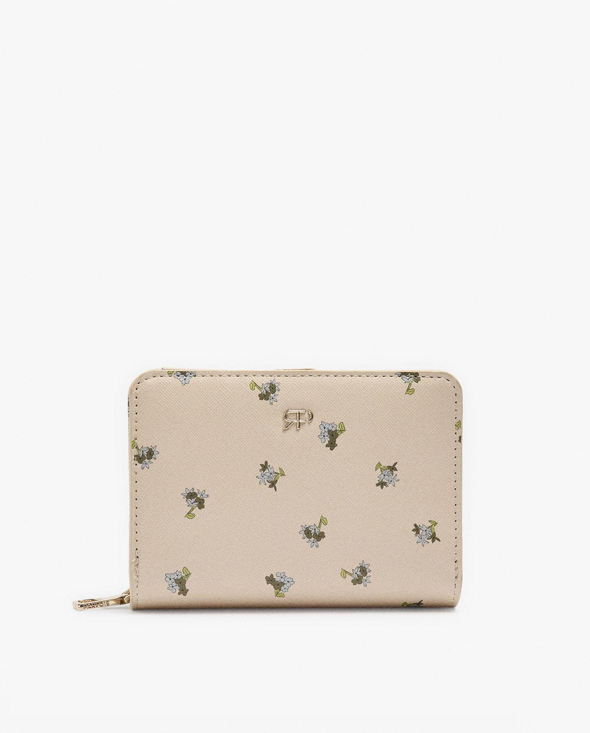 Cartera de mujer pequeña con cierre de cremallera y estampado floral - Parfois - Beige Beige-1