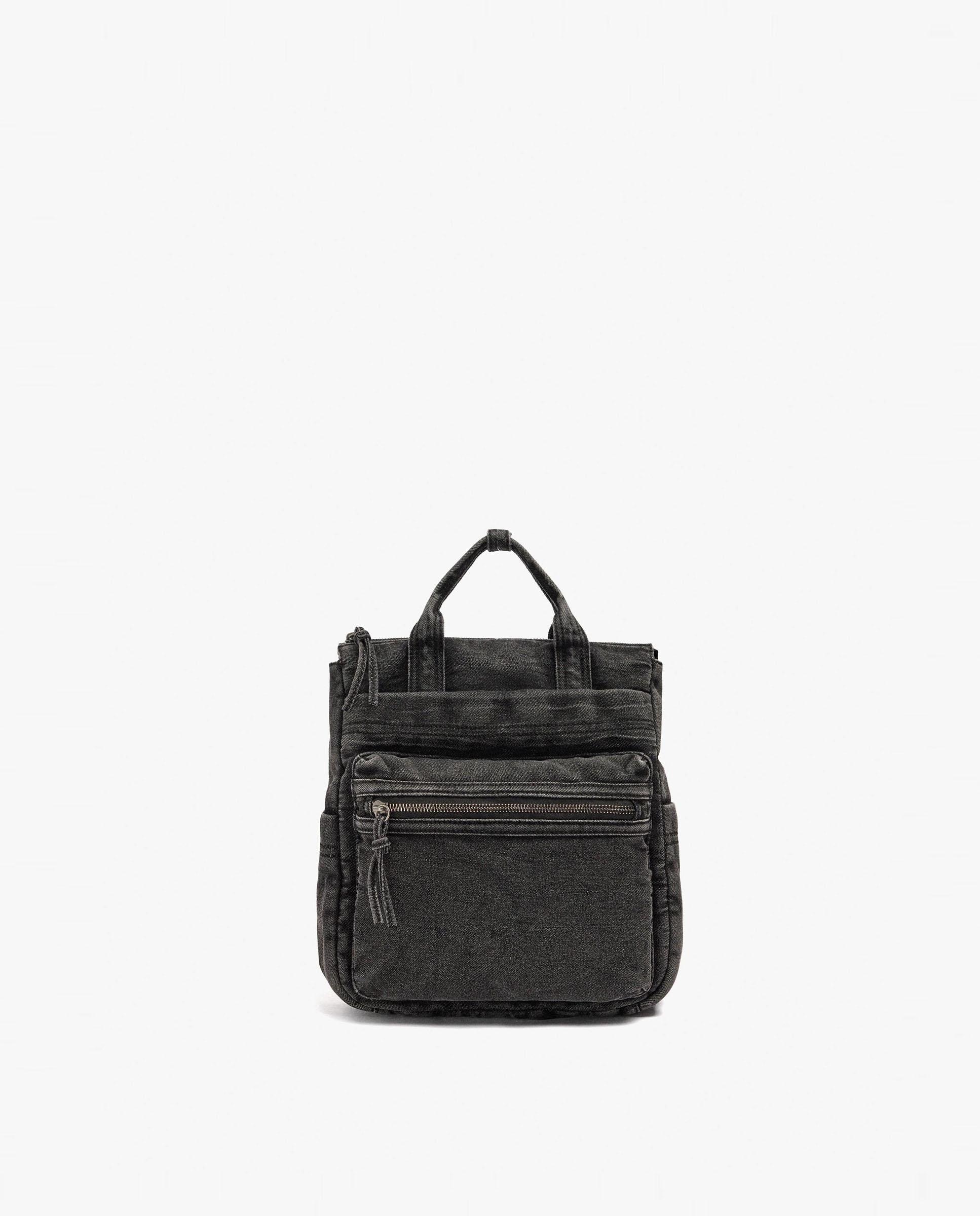 Mochila de mujer 100% algodón vaquera con varios compartimentos y cierre de cremallera en liso - Parfois - Negro Negro-1