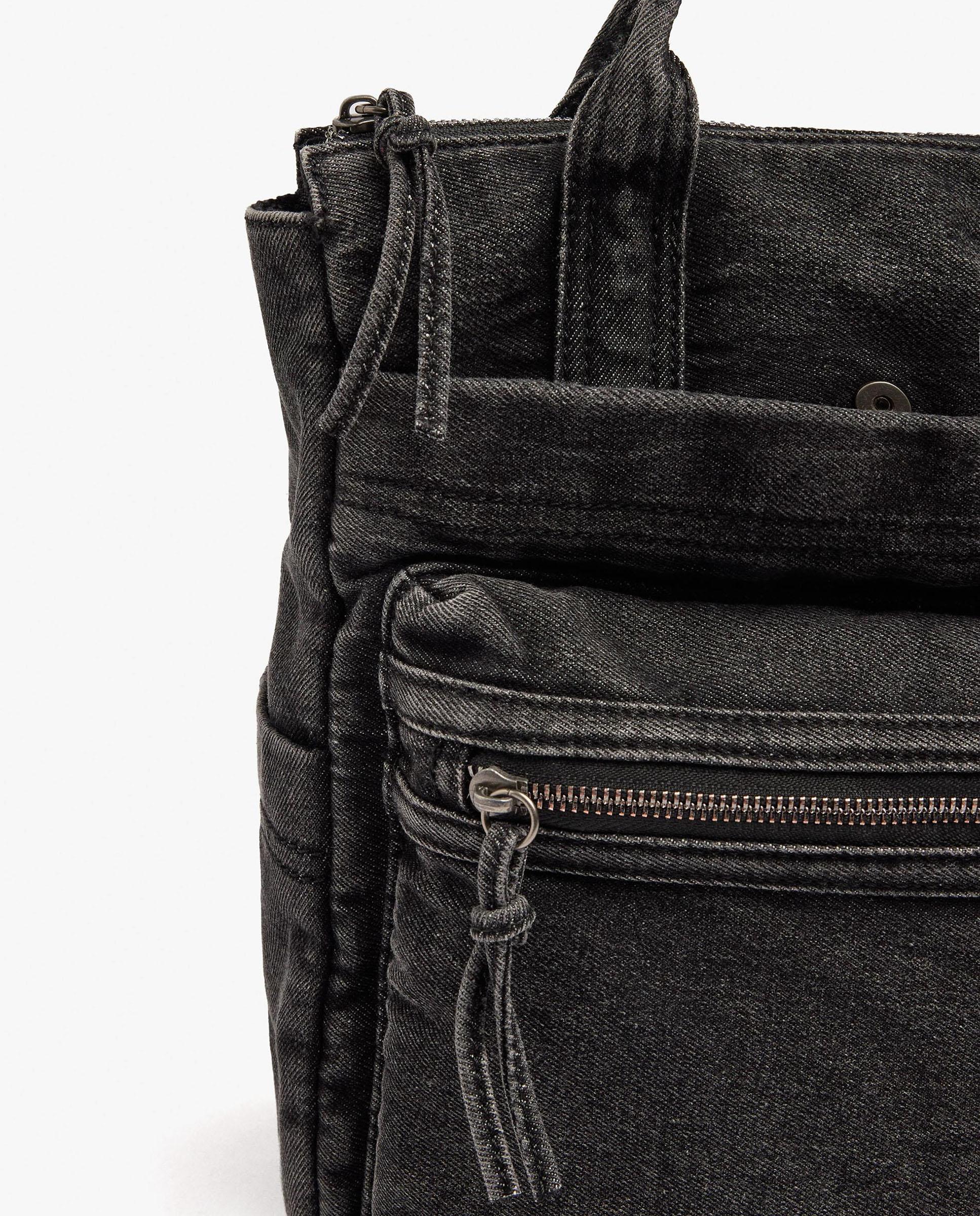Mochila de mujer 100% algodón vaquera con varios compartimentos y cierre de cremallera en liso - Parfois - Negro Negro-3