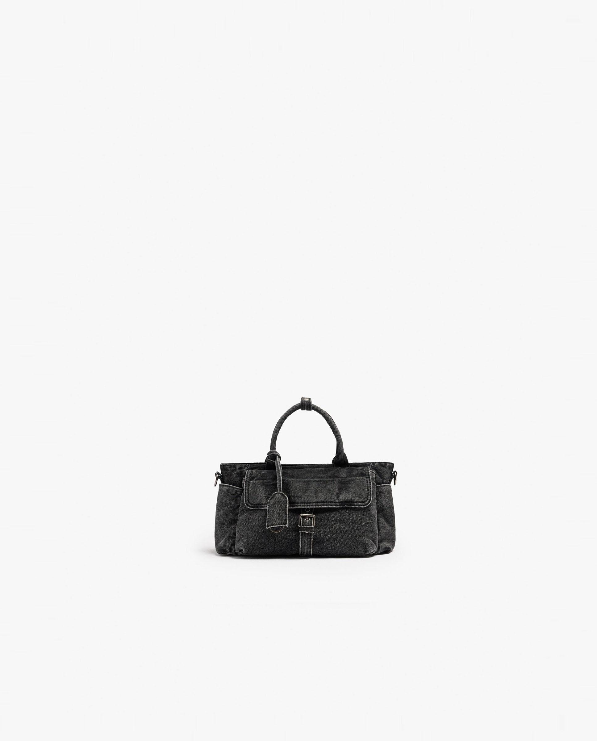 Bolso de mano estilo tote vaquero con varios compartimentos y cierre de cremallera en liso - Parfois - Negro Negro-1