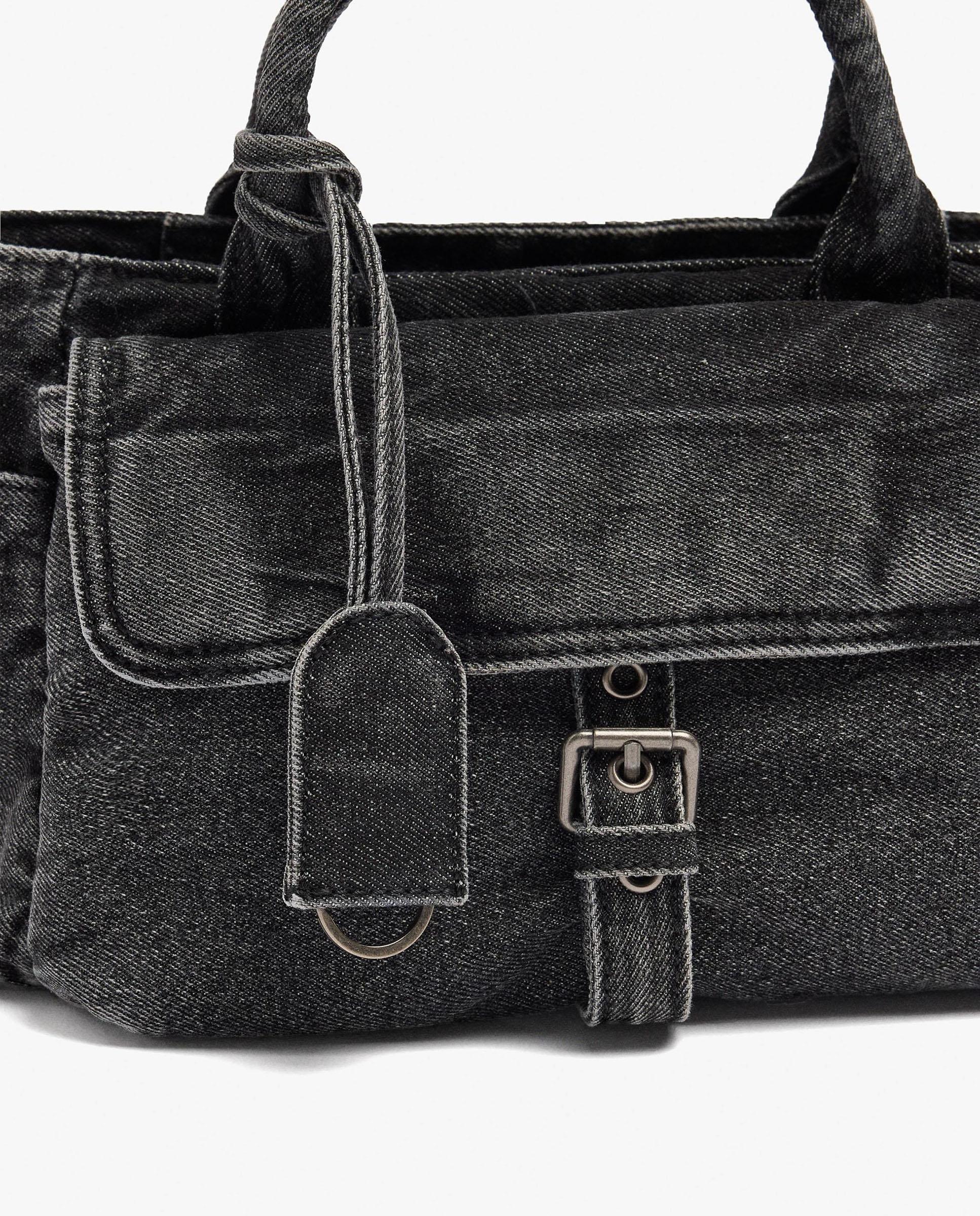 Bolso de mano estilo tote vaquero con varios compartimentos y cierre de cremallera en liso - Parfois - Negro Negro-3