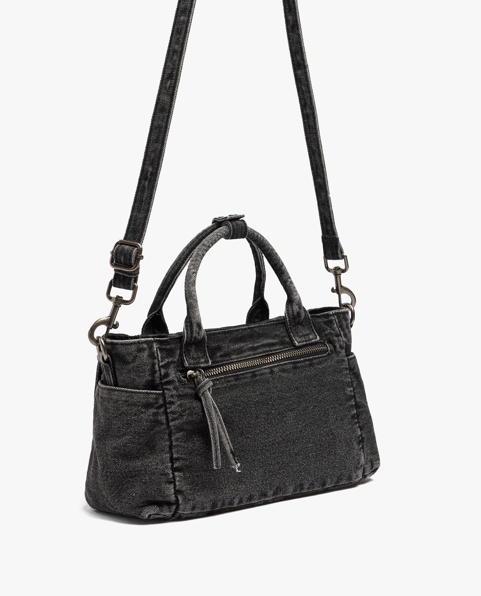 Bolso de mano estilo tote vaquero con varios compartimentos y cierre de cremallera en liso - Parfois - Negro Negro-2