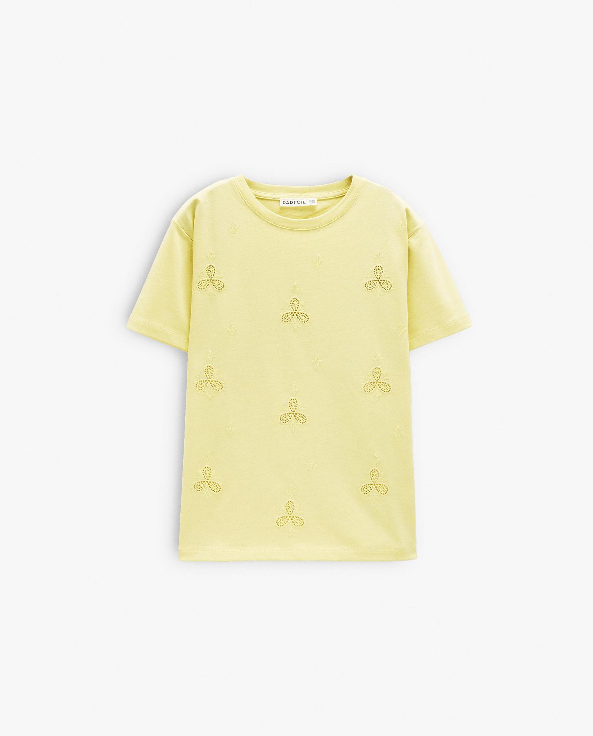 Camiseta de mujer 100% algodón de manga corta con detalles de crochet - Parfois - Amarillo Amarillo-6