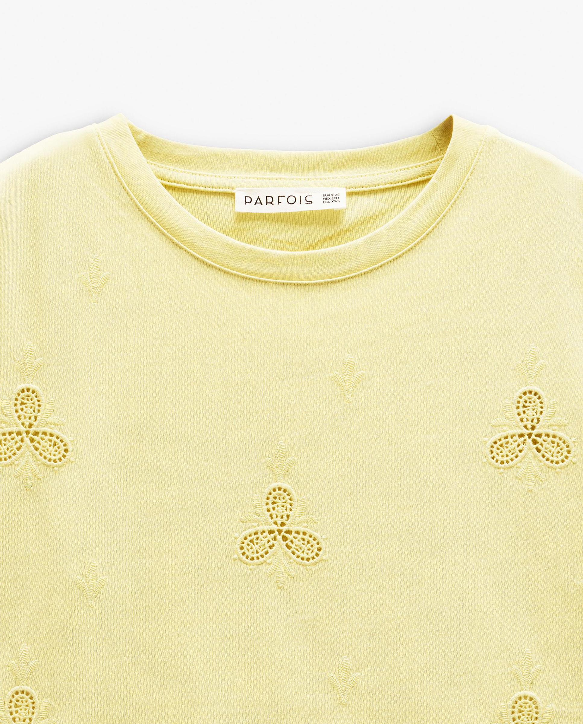 Camiseta de mujer 100% algodón de manga corta con detalles de crochet - Parfois - Amarillo Amarillo-5