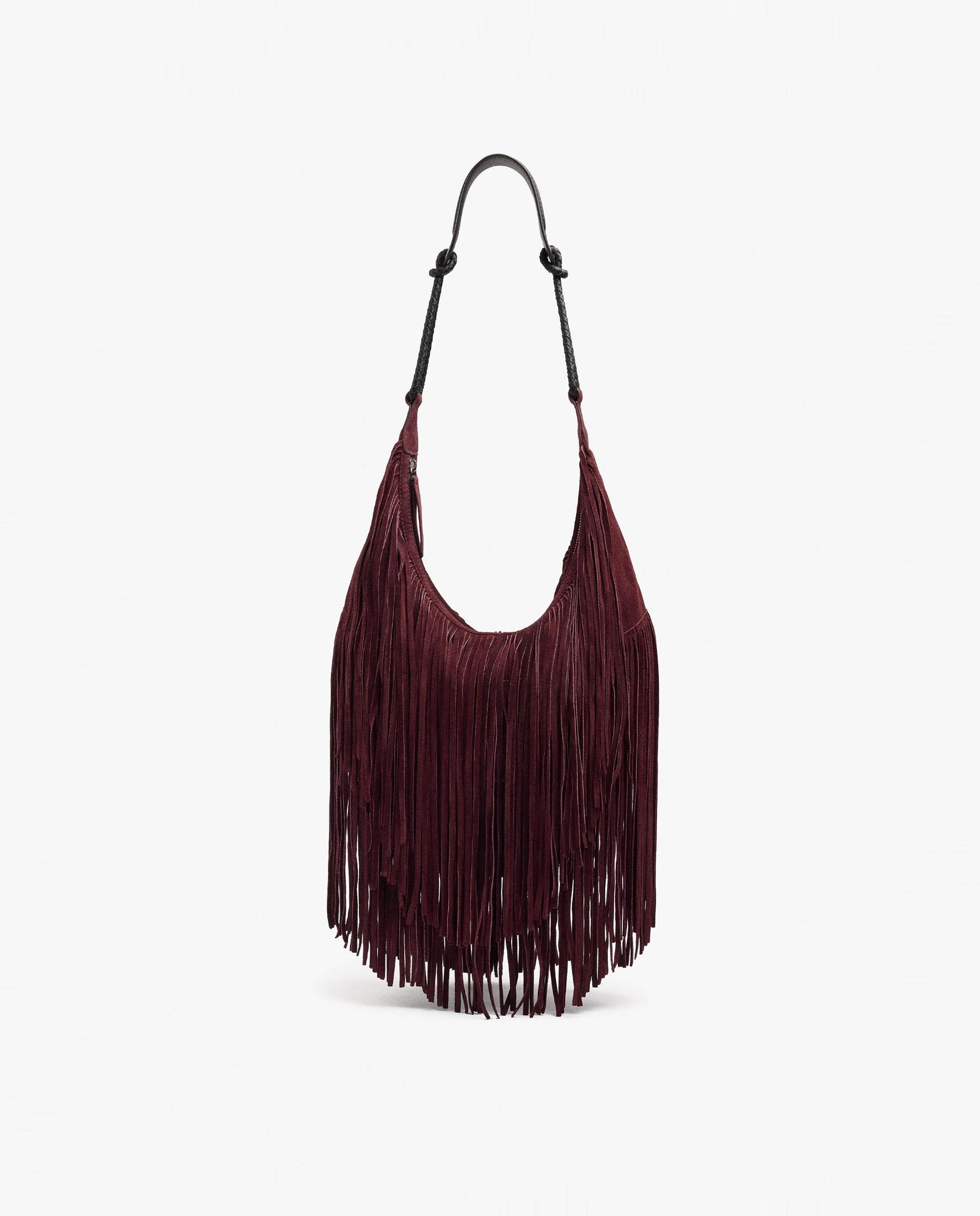 Bolso de hombro 100% piel con flecos y cierre de cremallera en liso - Parfois - Burdeos Burdeos-1