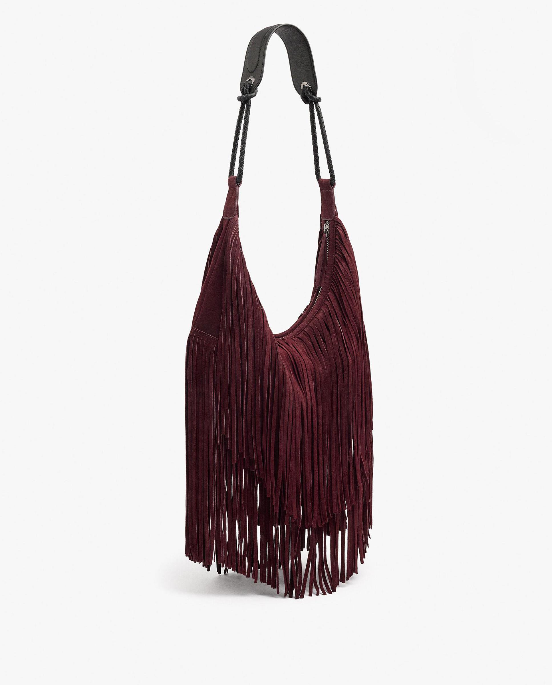 Bolso de hombro 100% piel con flecos y cierre de cremallera en liso - Parfois - Burdeos Burdeos-5