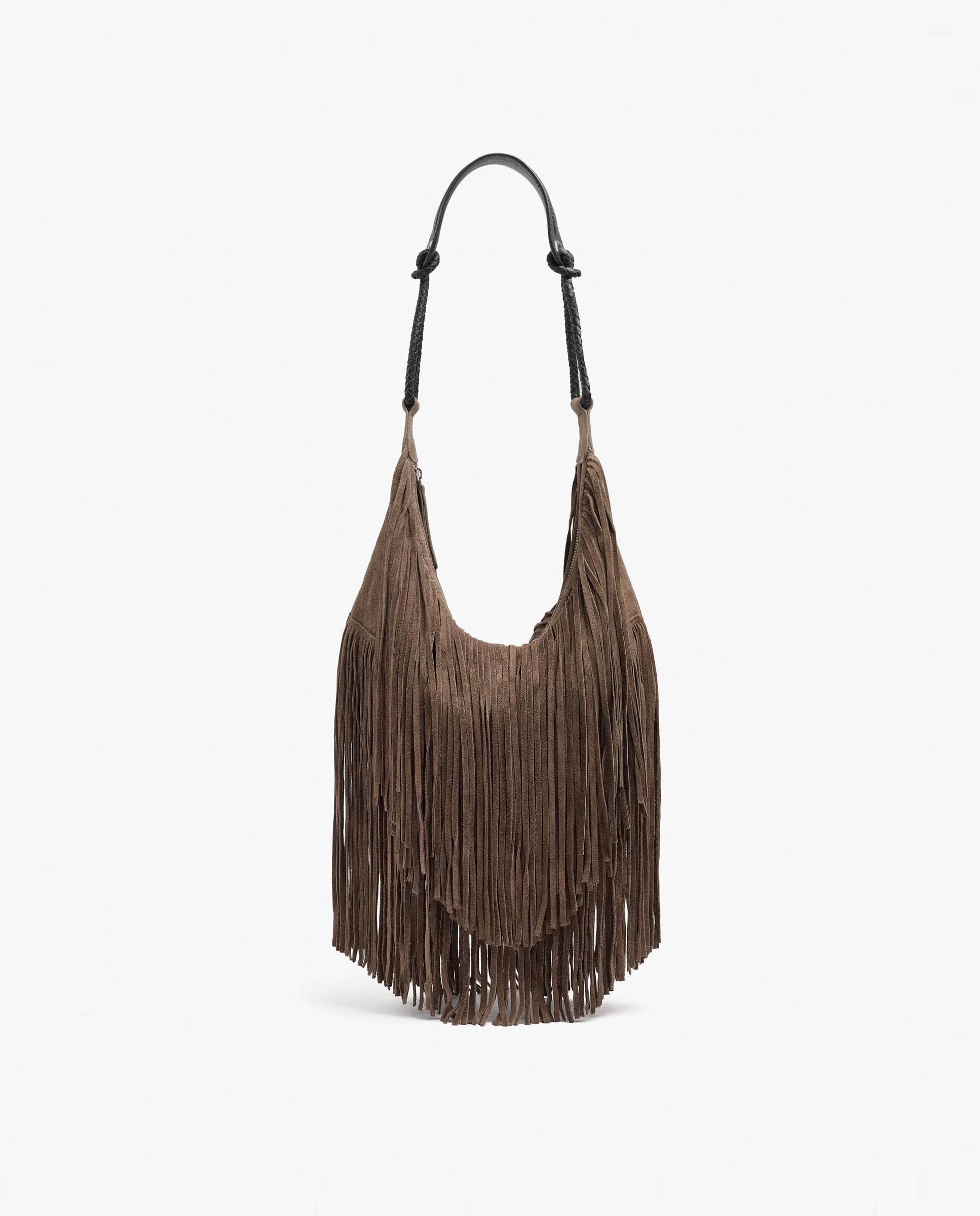 Bolso de hombro 100% piel con flecos y cierre de cremallera en liso - Parfois - Topo Topo-1