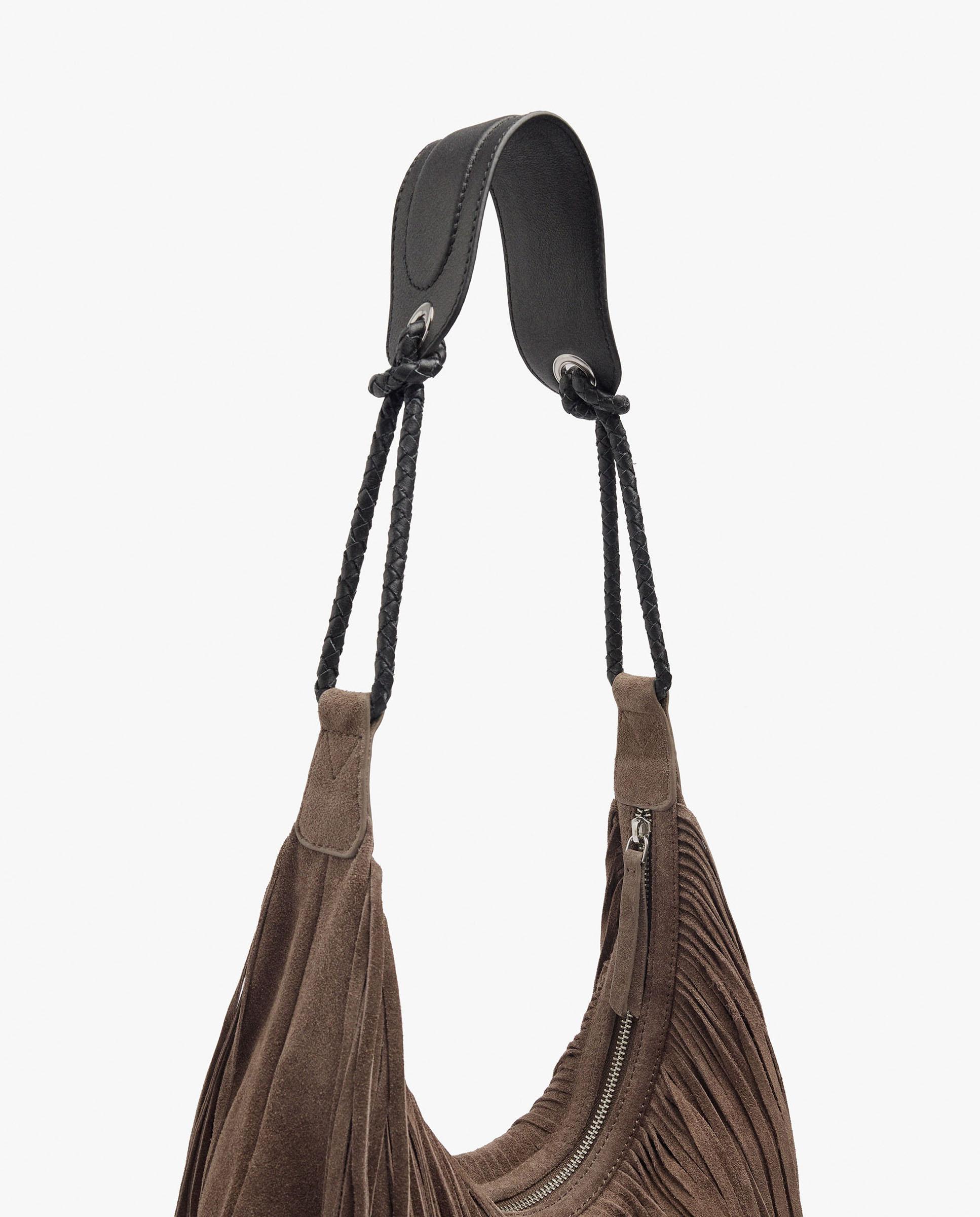 Bolso de hombro 100% piel con flecos y cierre de cremallera en liso - Parfois - Topo Topo-4