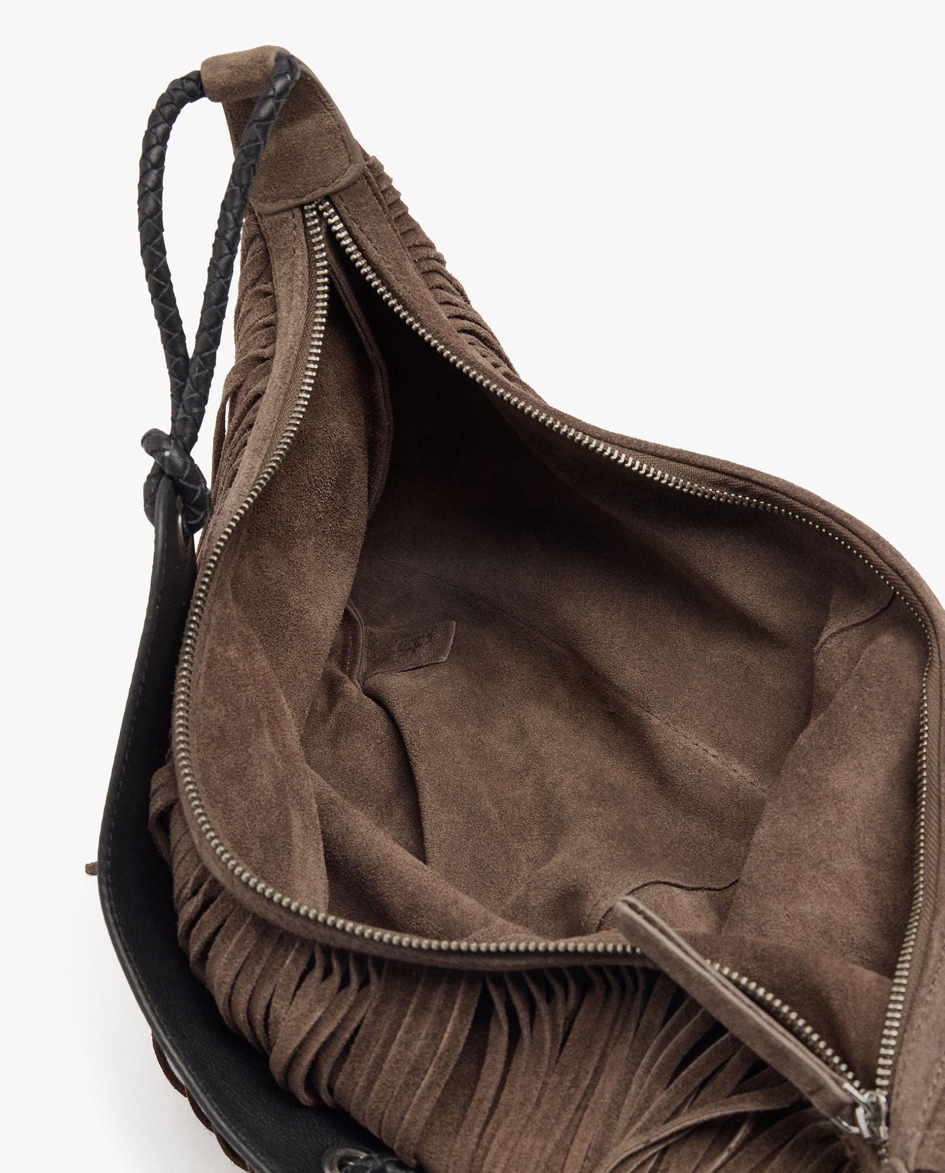 Bolso de hombro 100% piel con flecos y cierre de cremallera en liso - Parfois - Topo Topo-5