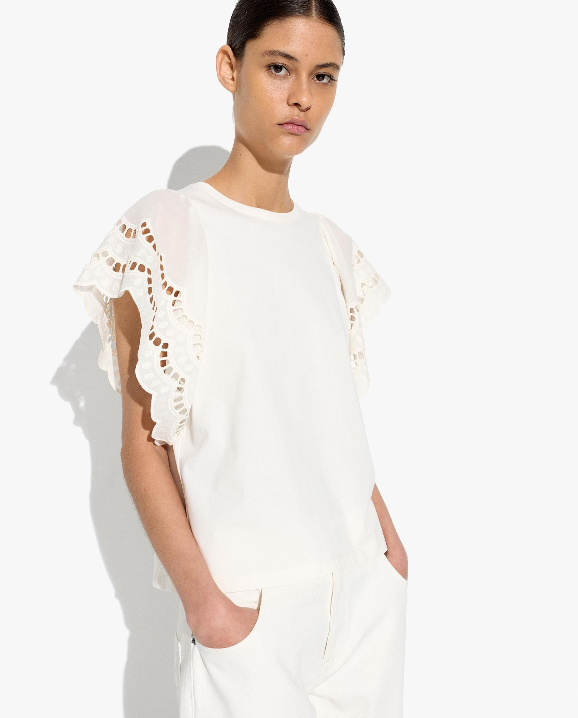 Parfois - Camiseta de mujer 100% algodón de manga corta con volantes bordados.