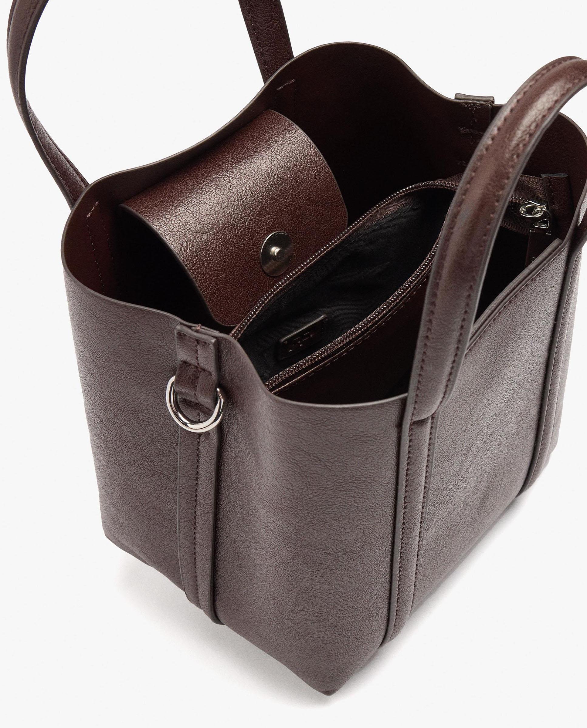 Bolso de mano estilo tote convertible a bandolera con cierre imantado en liso - Parfois - Marrón oscuro Marrón oscuro-4