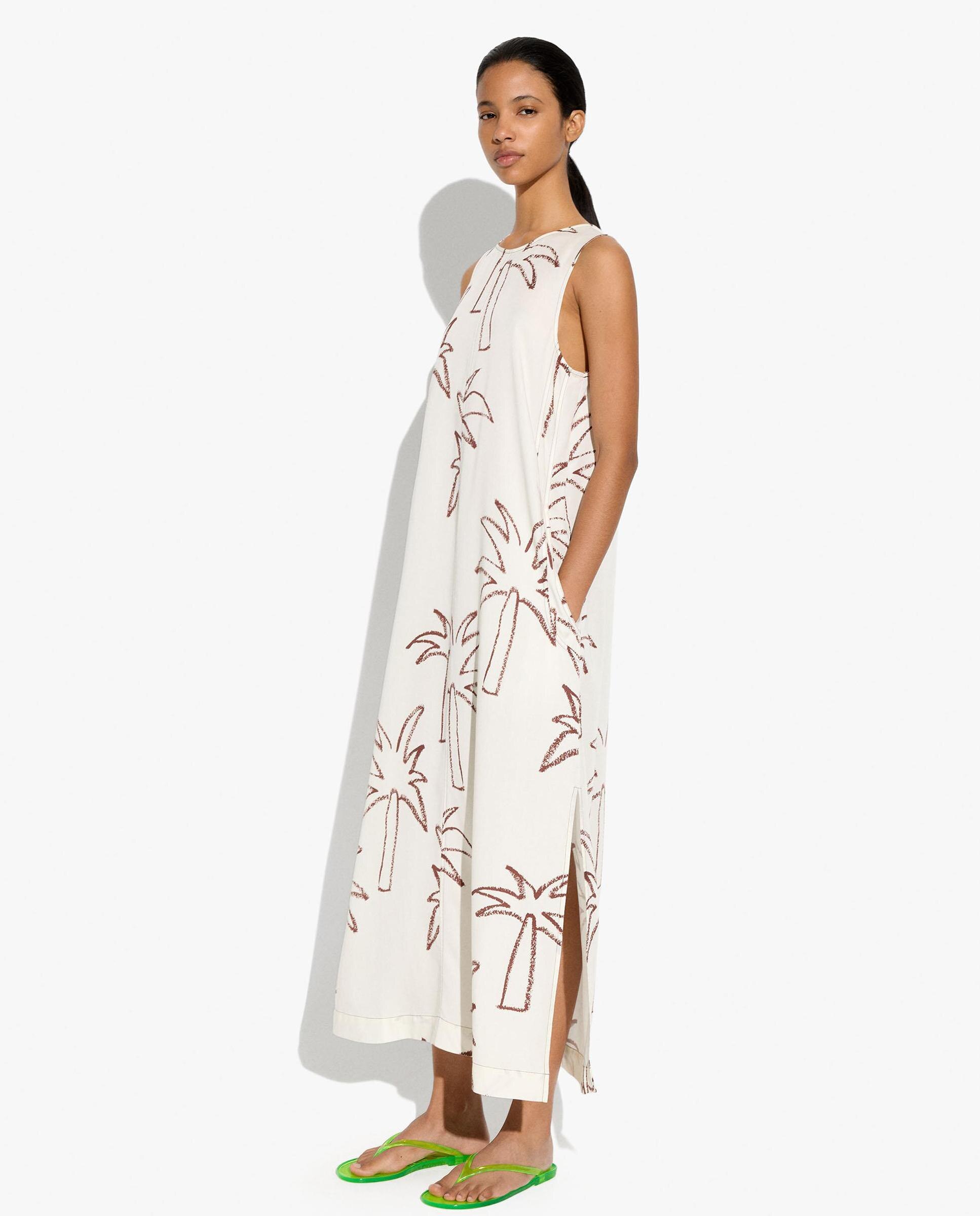 Vestido largo sin mangas con estampado de palmeras - Parfois - Blanco Blanco-4
