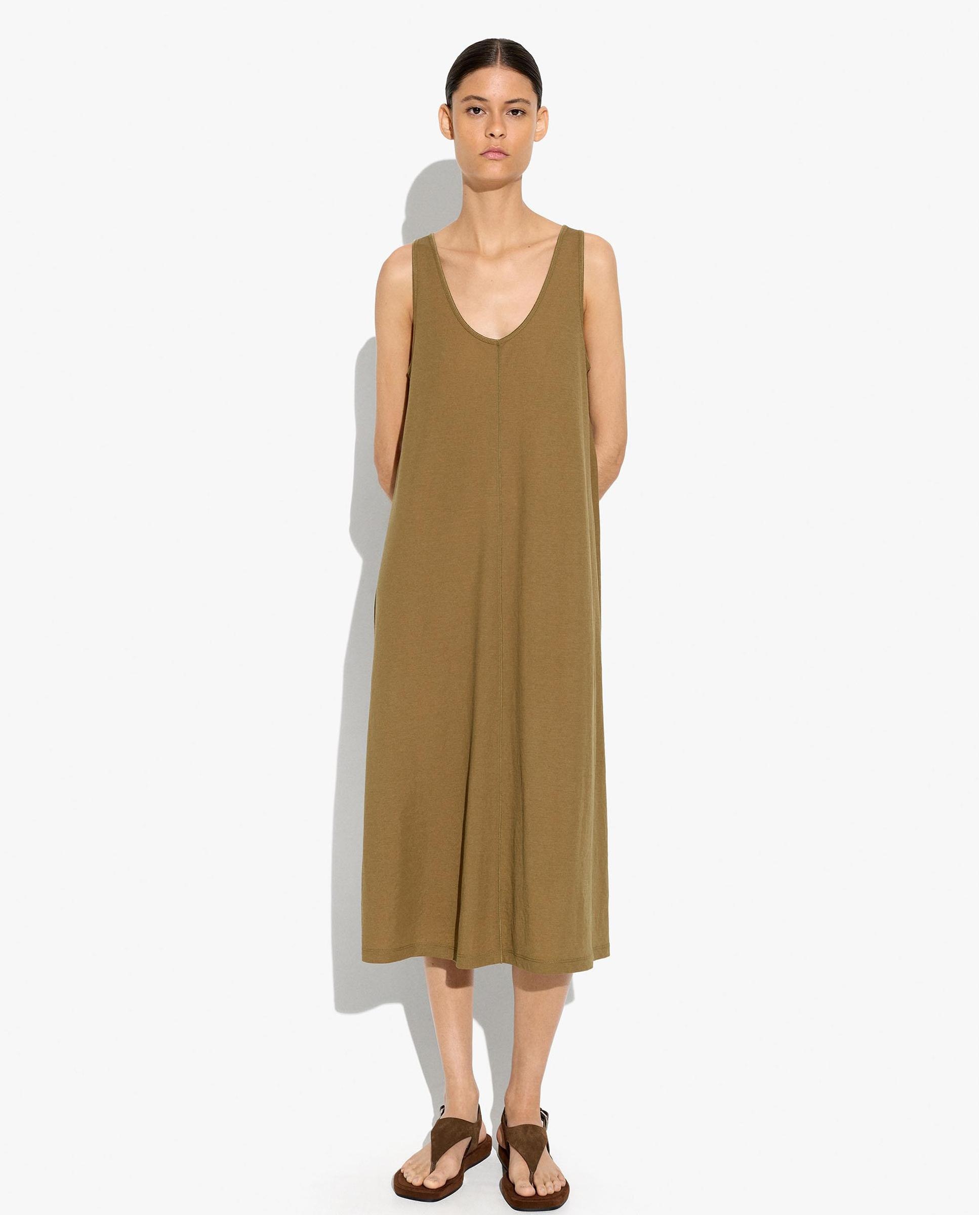 Vestido midi fluido sin mangas - Parfois - Kaki Kaki-2