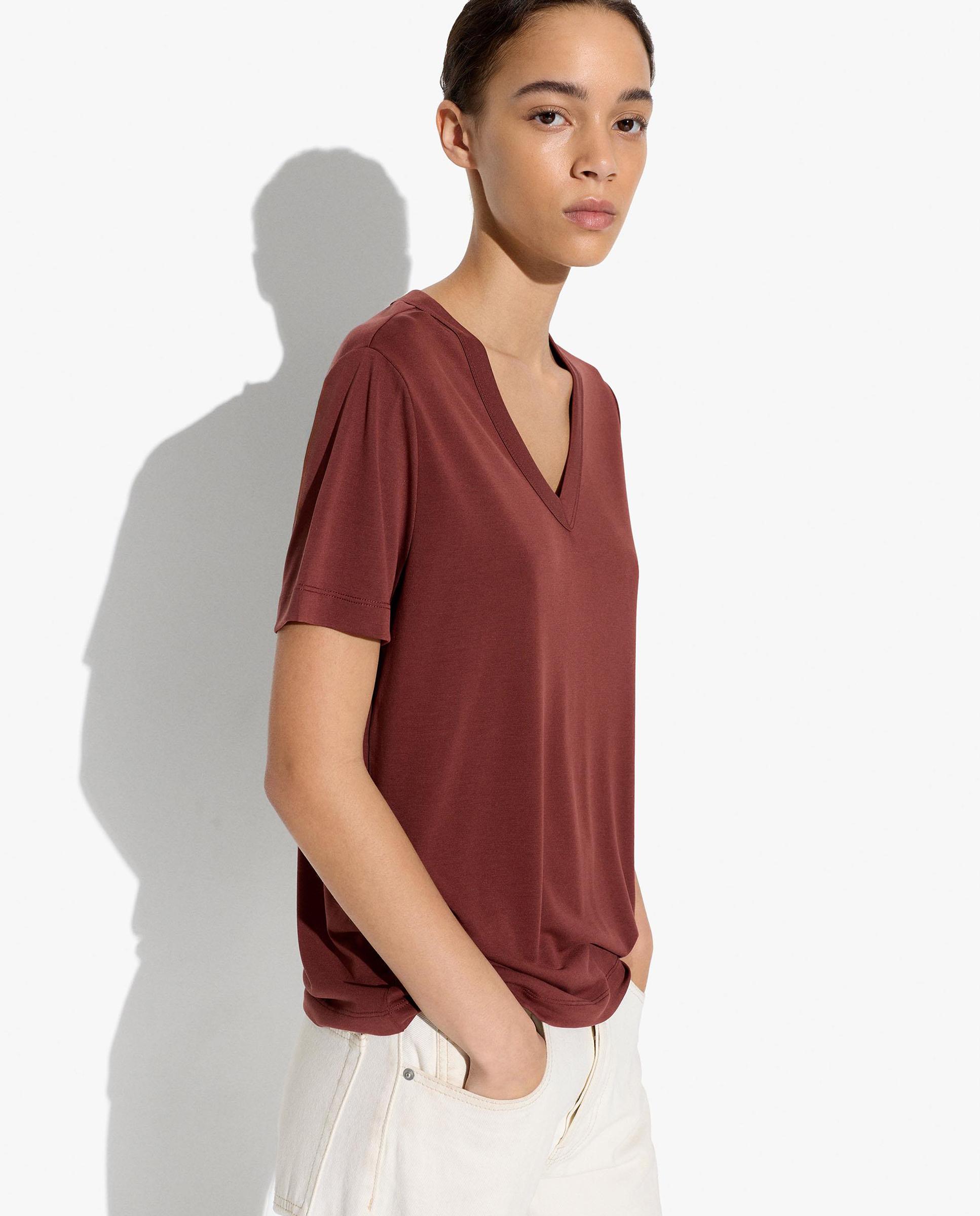 Camiseta de mujer de manga corta con cuello pico - Parfois - Marrón Marrón-1