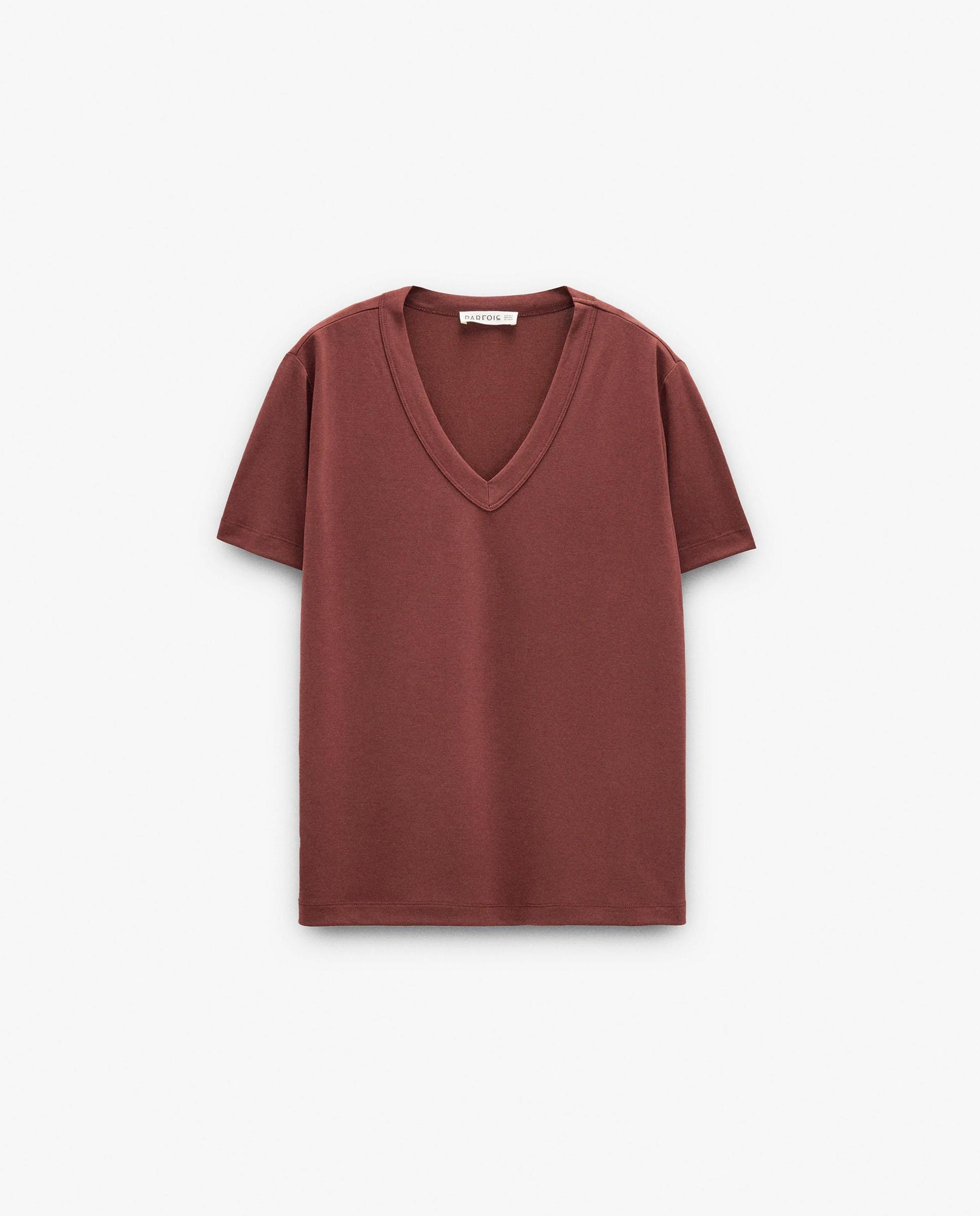 Camiseta de mujer de manga corta con cuello pico - Parfois - Marrón Marrón-7