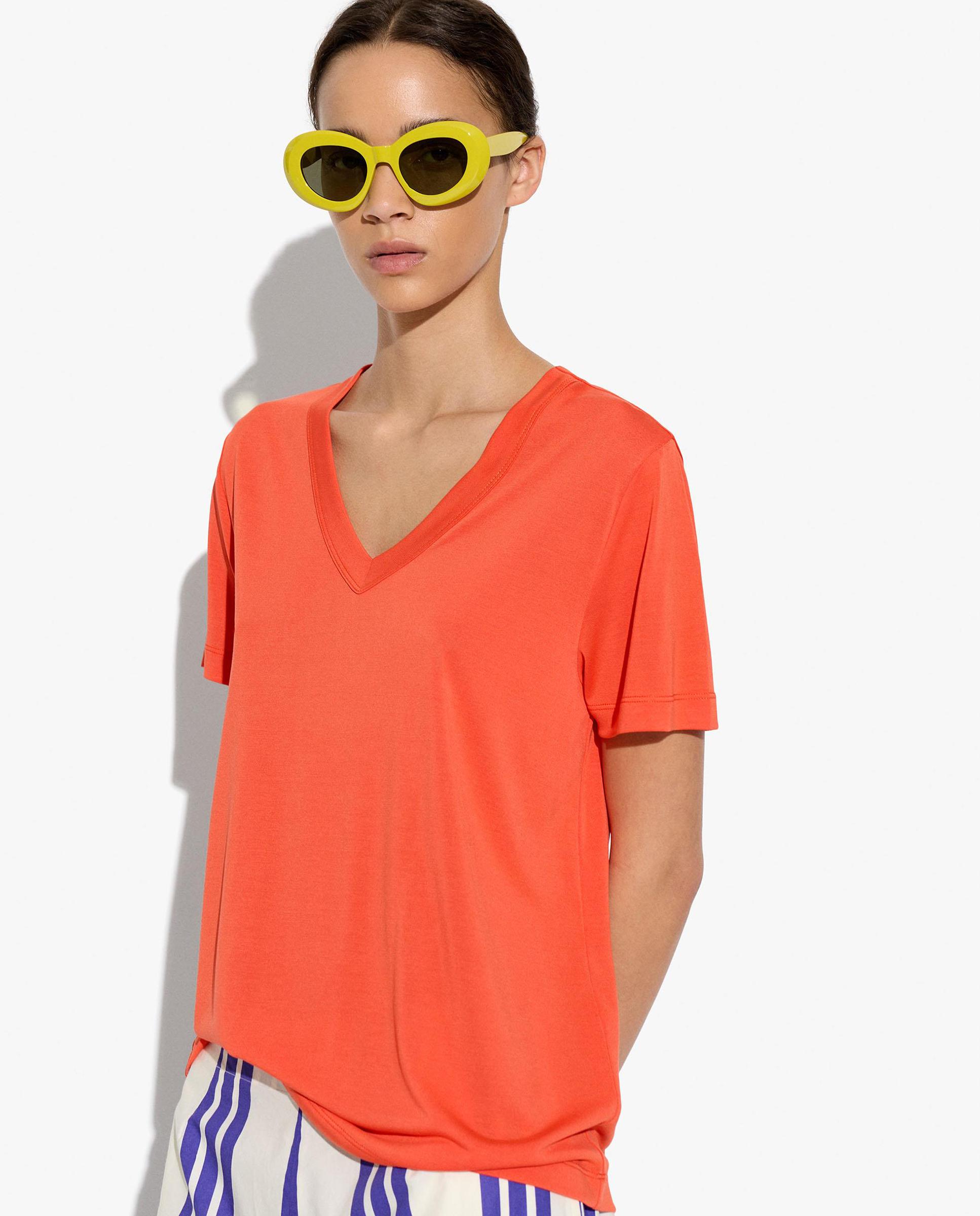 Camiseta de mujer de manga corta con cuello pico - Parfois - Naranja Naranja-1
