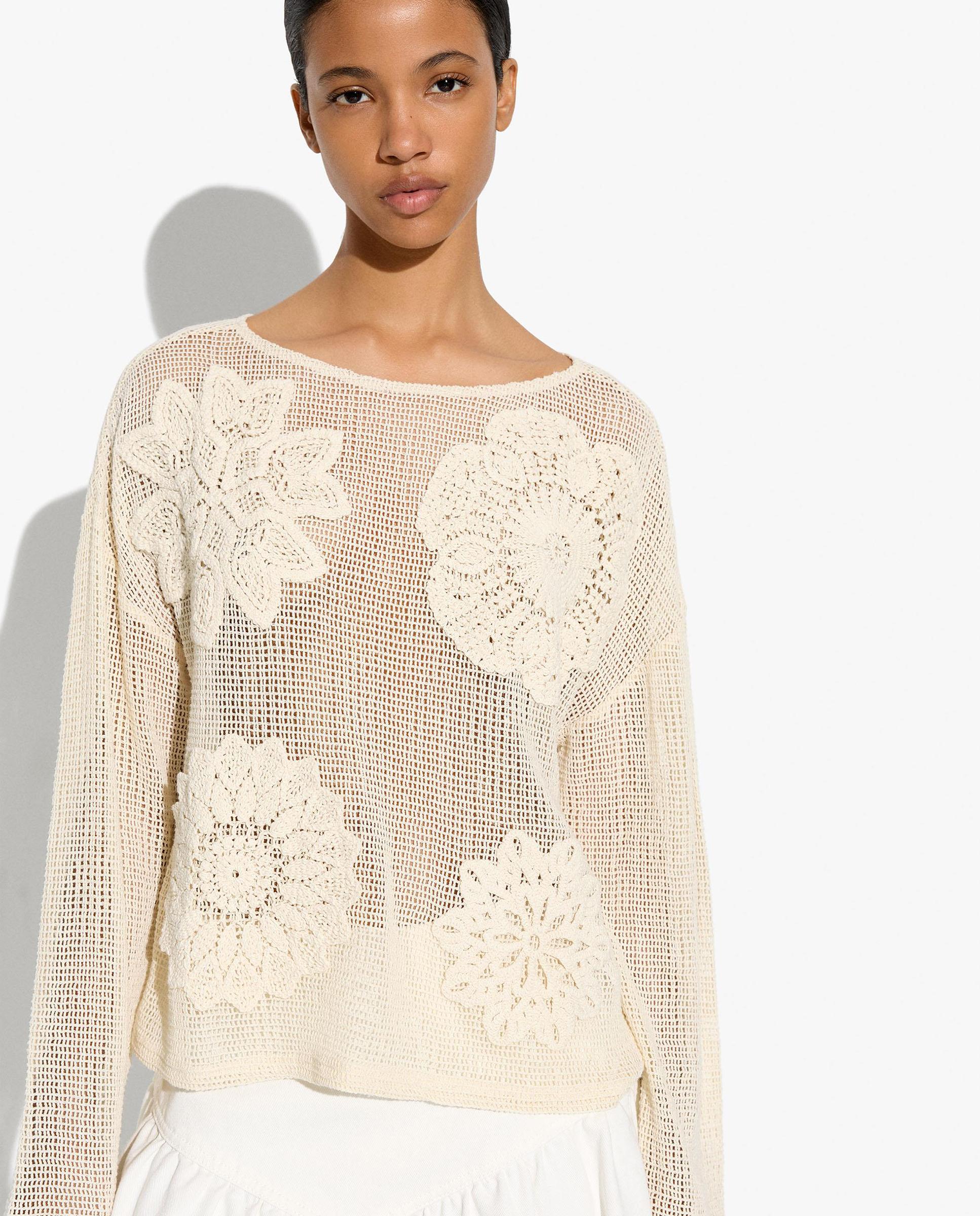 Jersey de mujer 100% algodón de punto de manga larga con bordados florales - Parfois - Crudo Crudo-1