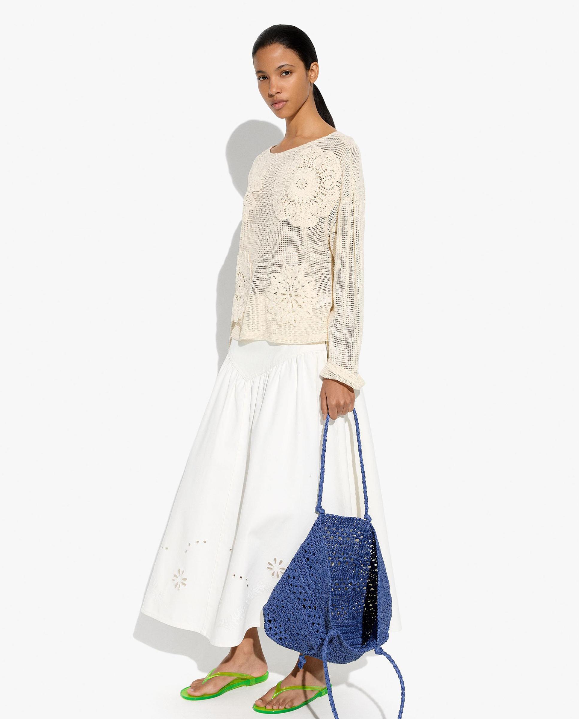Jersey de mujer 100% algodón de punto de manga larga con bordados florales - Parfois - Crudo Crudo-2