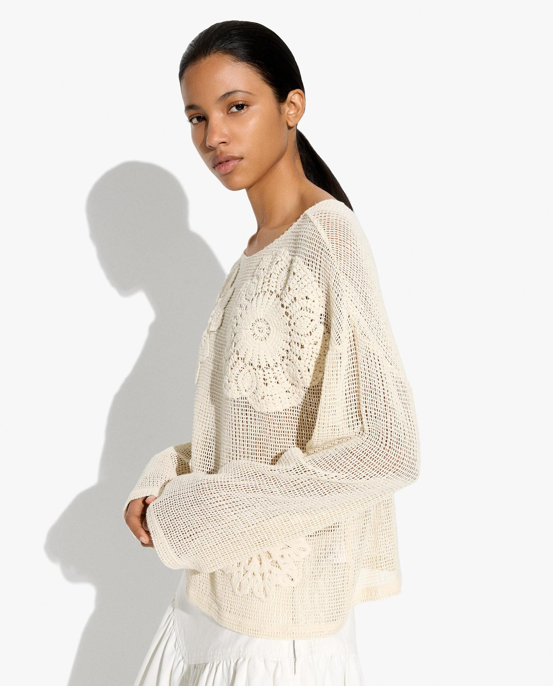 Jersey de mujer 100% algodón de punto de manga larga con bordados florales - Parfois - Crudo Crudo-3