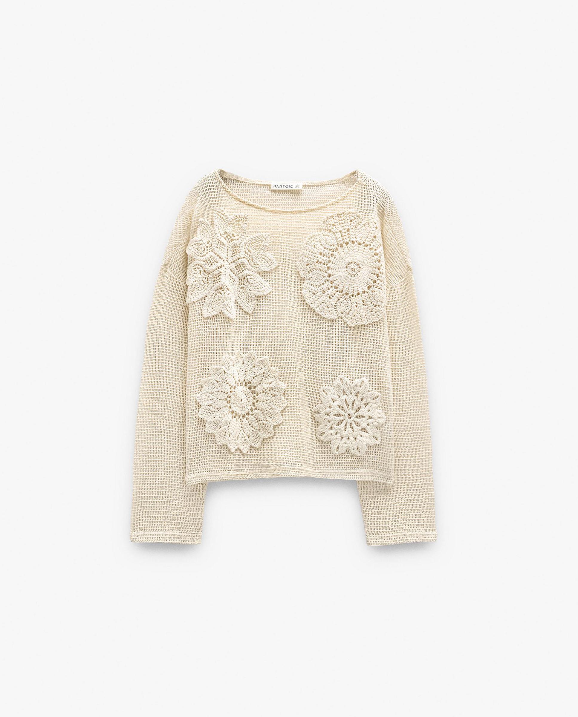 Jersey de mujer 100% algodón de punto de manga larga con bordados florales - Parfois - Crudo Crudo-6