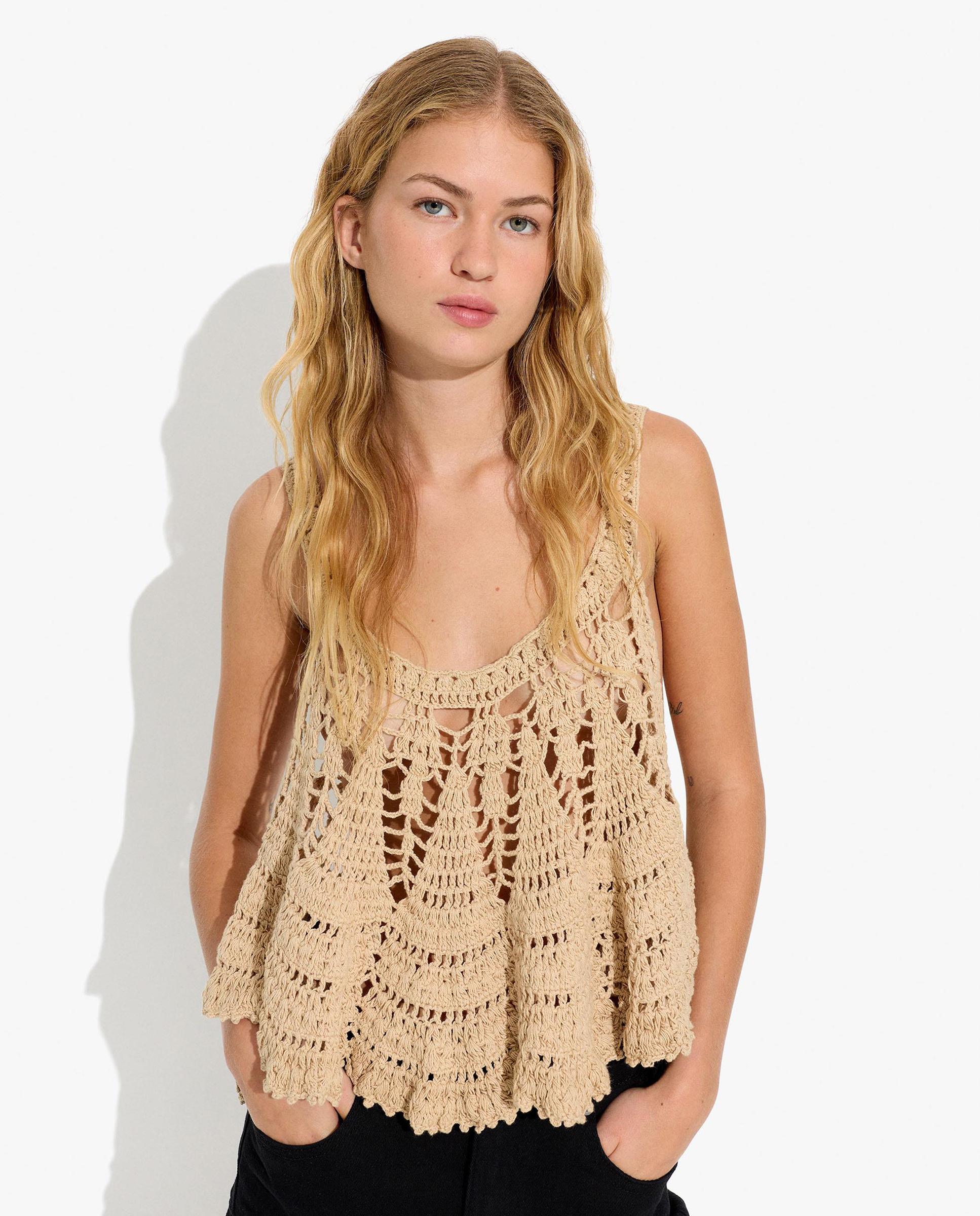 Top de mujer 100% algodón de punto de crochet en liso - Parfois - Natural Natural-1